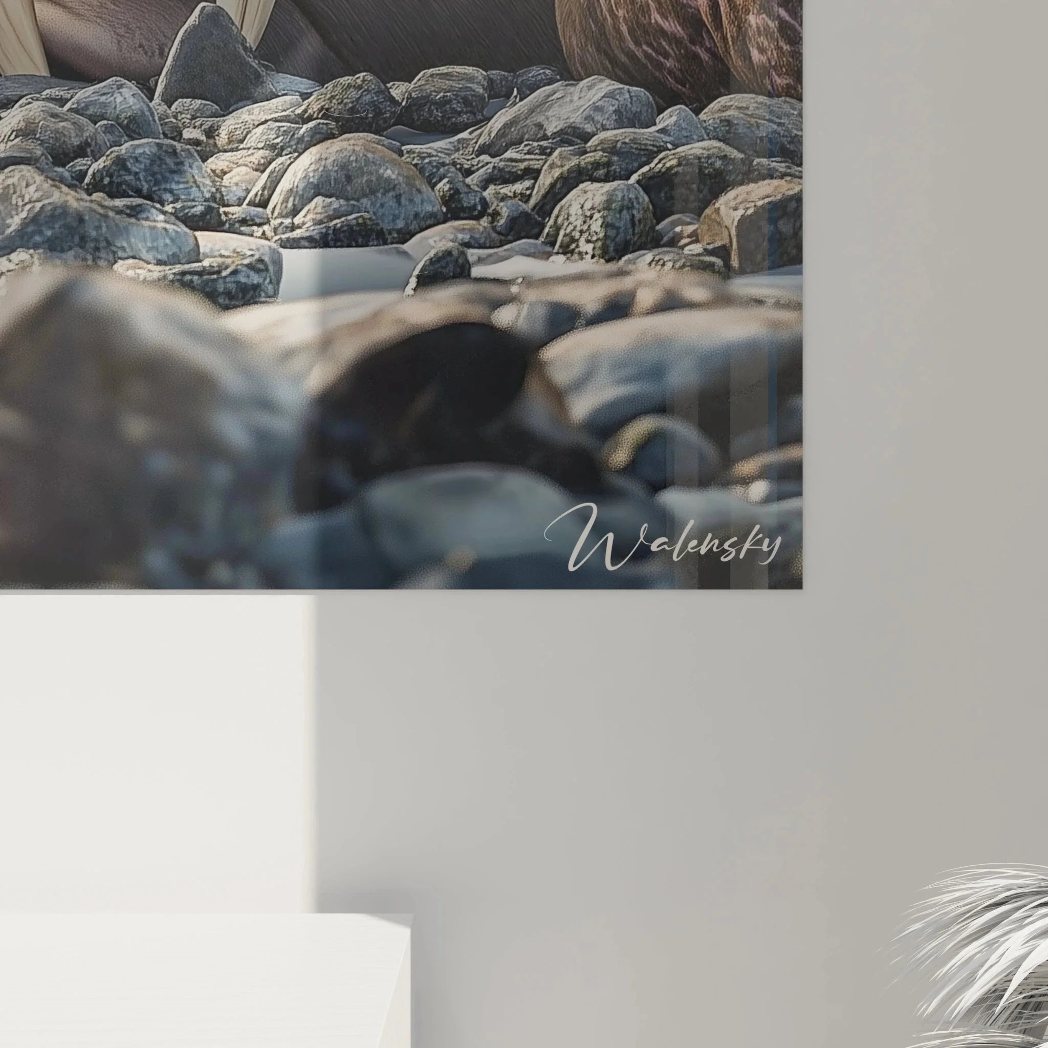 Gesamtansicht Wandbild XXL Walross in elegantem Wohnraum als beeindruckende Meerestier Dekoration