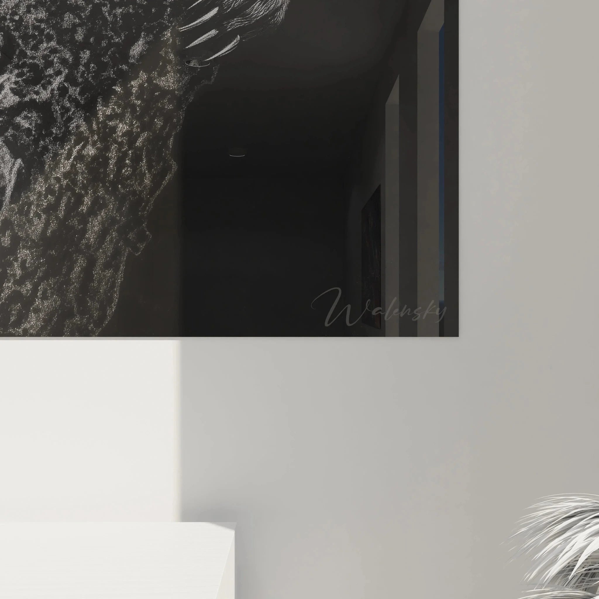 Gesamtansicht Wandbild XXL Waschbär in stilvollem Wohnraum als zentrale Tierposter Wanddekoration