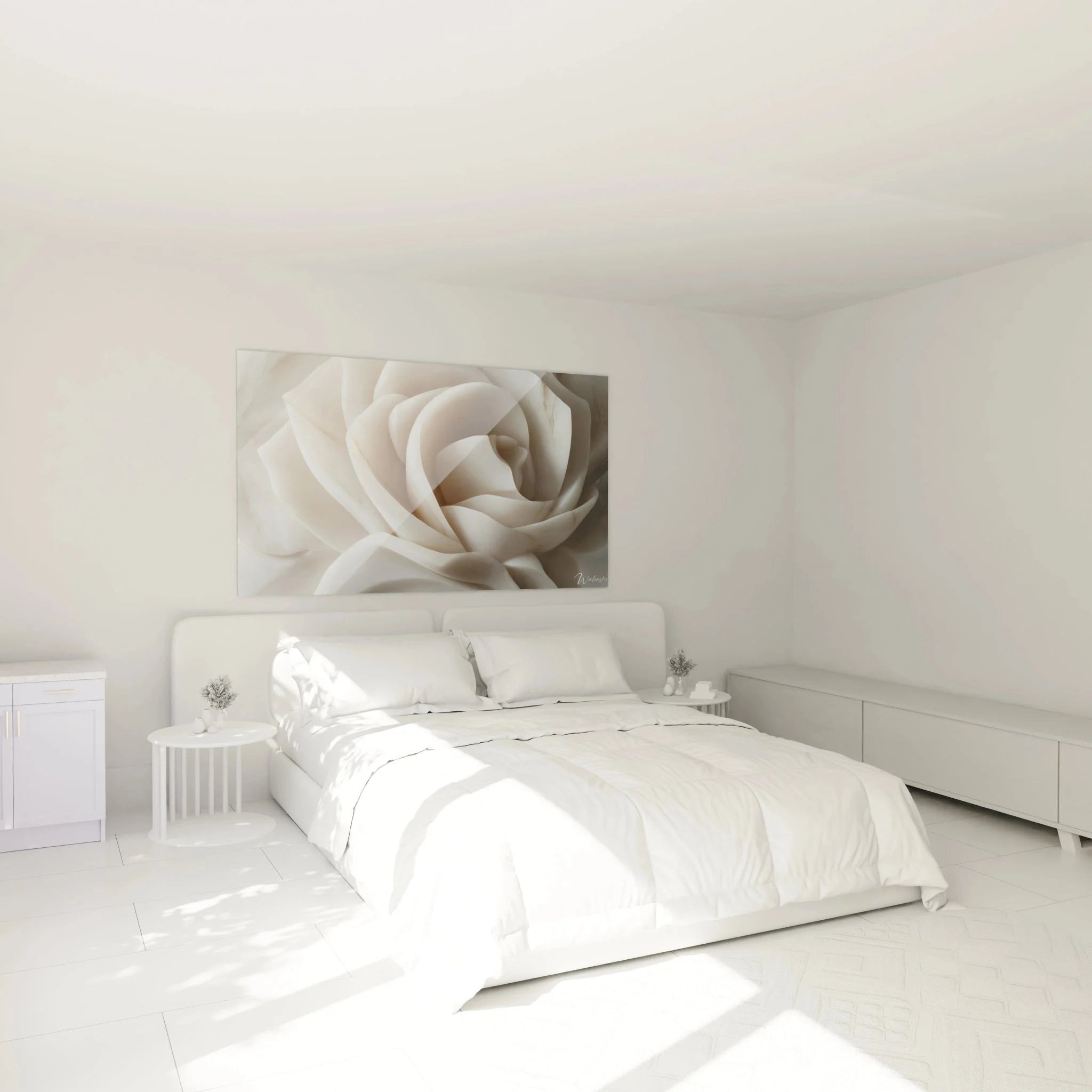 Wandbild XXL weiße Rose als stilvolle Wanddeko im Schlafzimmer mit minimalistischer Einrichtung