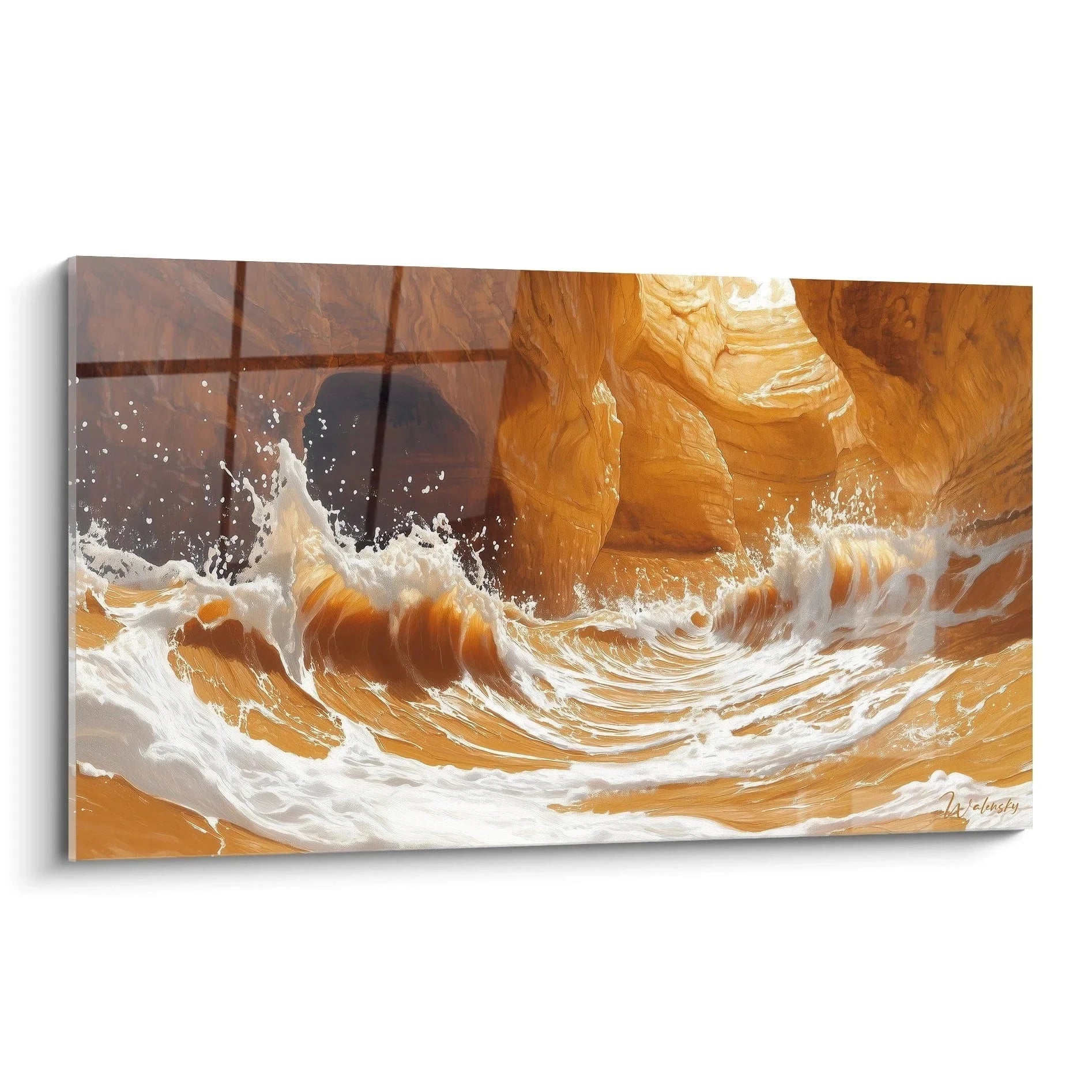 Wandbild XXL Welle Canyon - Naturgewalt trifft Sandstein in warmen Orangetönen mit weißer Gischt