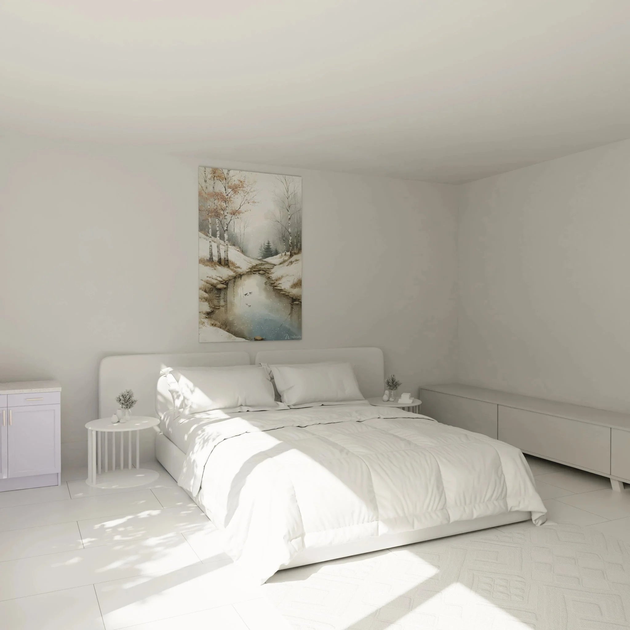 Wandbild XXL Winterbach Schlafzimmer Ambiente - Birken Winterlandschaft als Wanddeko