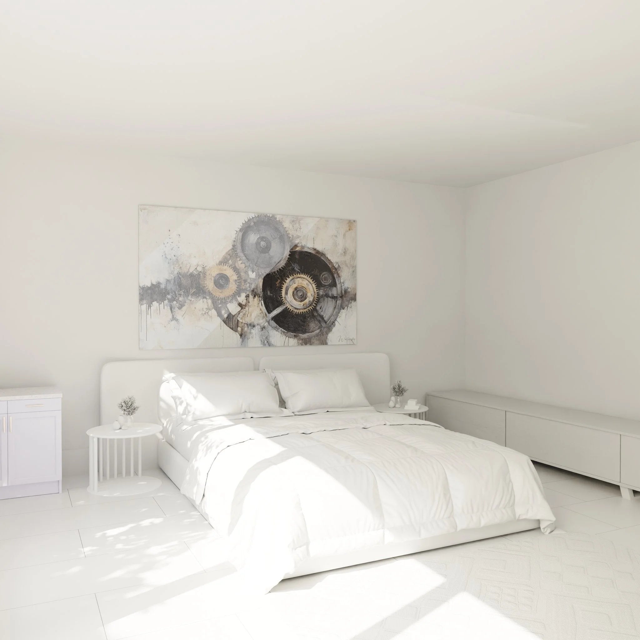 Industrielles Zahnräder Wandbild XXL in modernem Schlafzimmer an weißer Wand