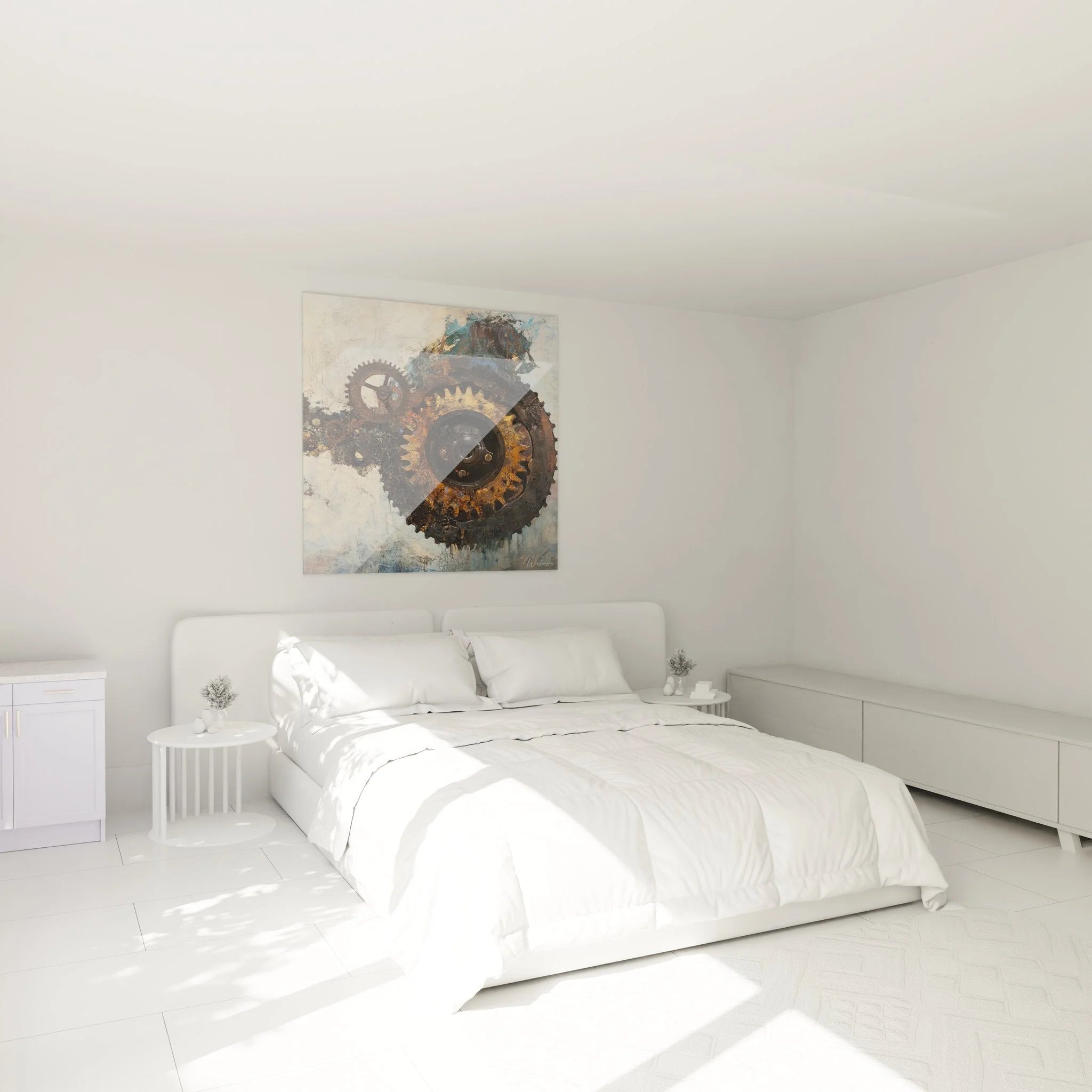 Wandbild XXL Zahnräder in modernem Schlafzimmer - Industrial Design Wanddekoration
