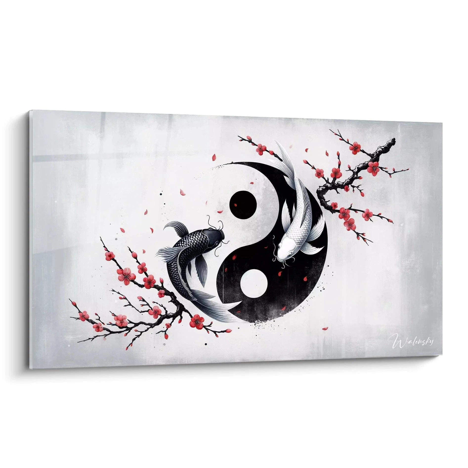 Wandbild Yin Yang Koi mit Kirschblüten - Japanische Symbolik Kunst schwarz weiß rot