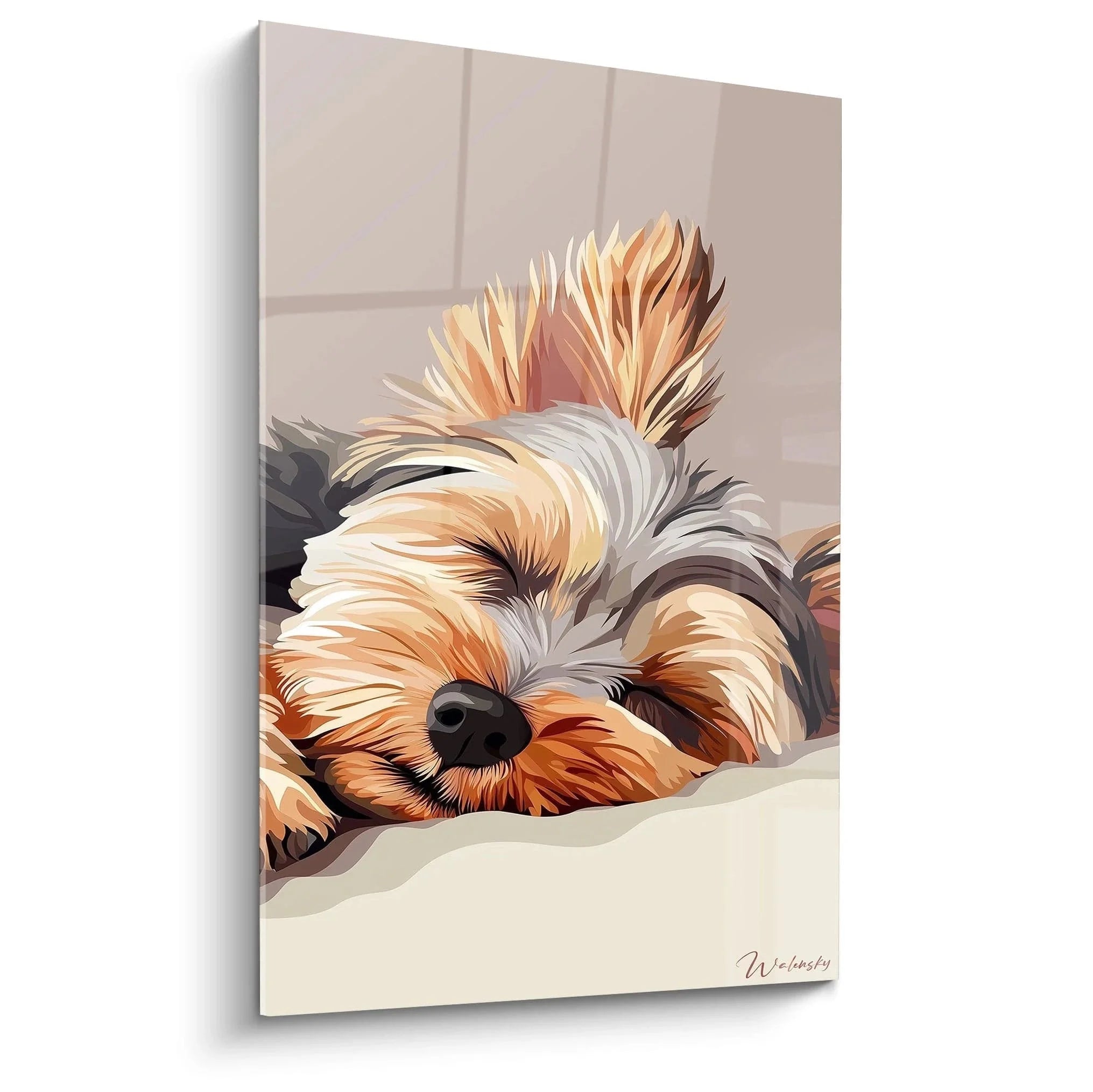 Wandbild Yorkshire Terrier Welpe schlafend im Bett, moderne Hundekunst in warmen Brauntönen