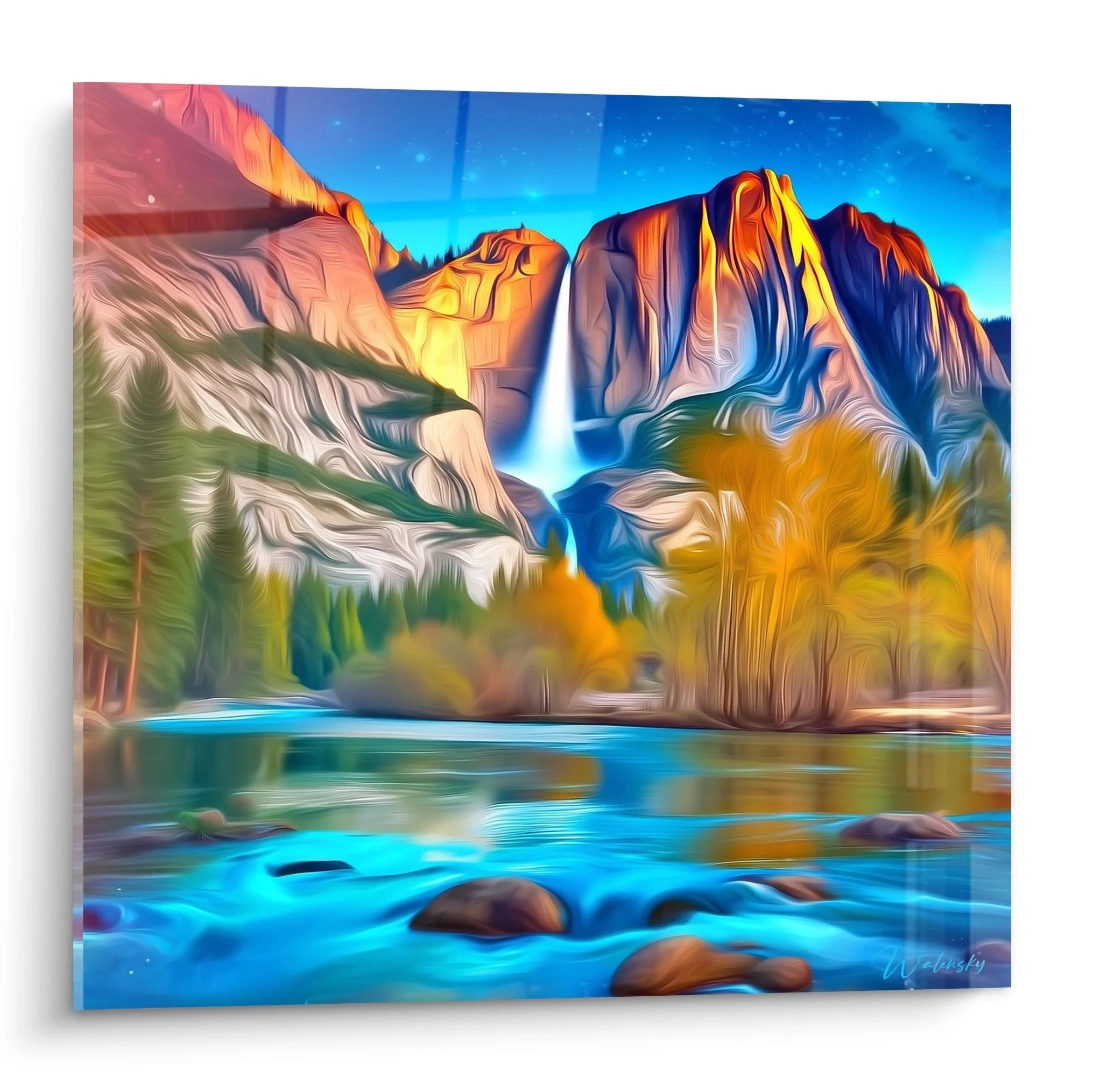 Wandbild Yosemite Falls mit Wasserfall, Herbstbäumen und Bergsee in dramatischer Berglandschaft