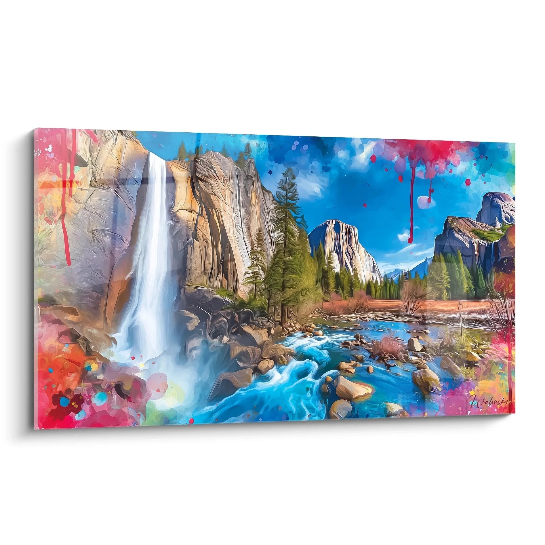 Wandbild Yosemite Wasserfall mit bunten Farbspritzern und majestätischen Felsformationen