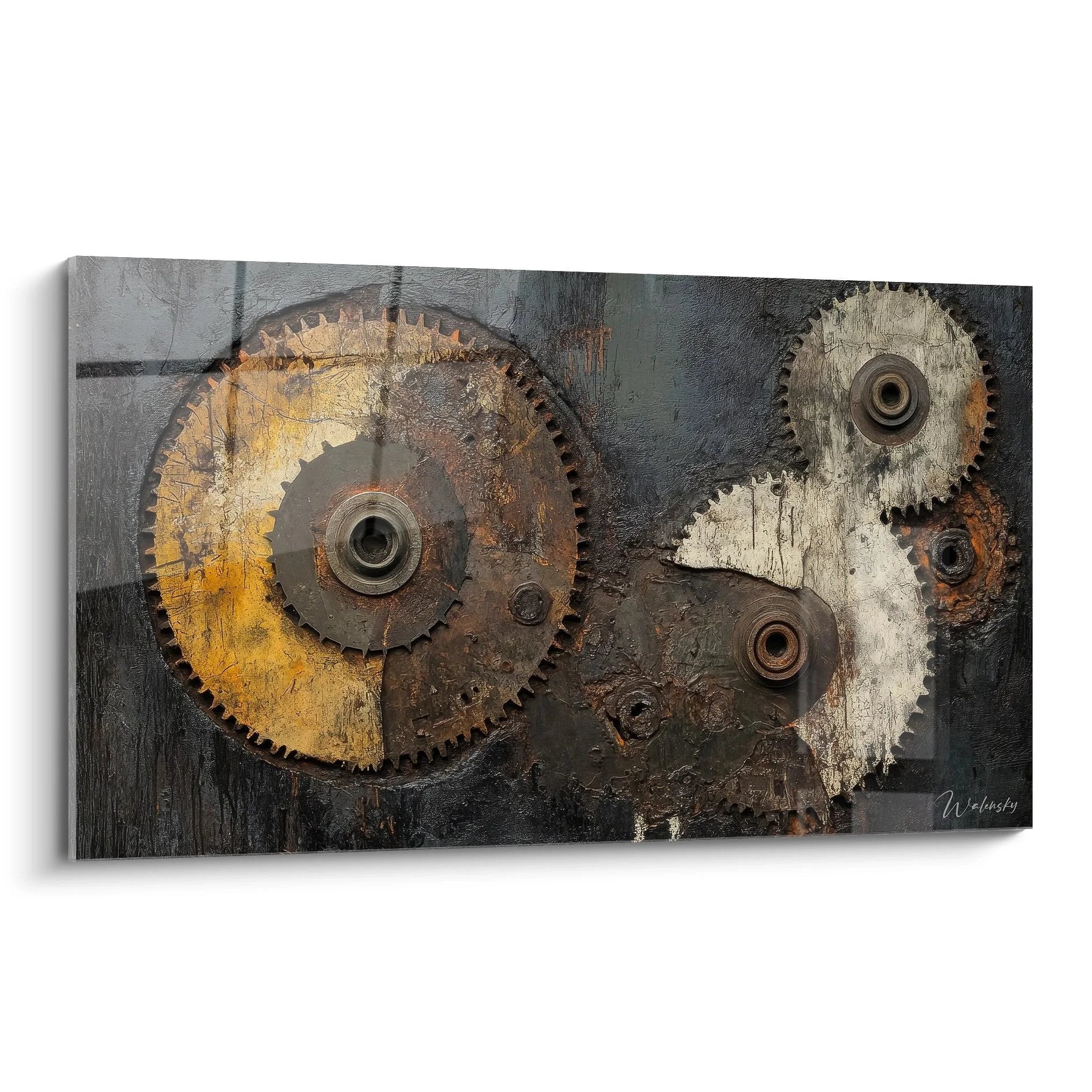 Abstraktes Wandbild mit goldenen Zahnrädern und industriellen Maschinenelementen auf dunklem Hintergrund