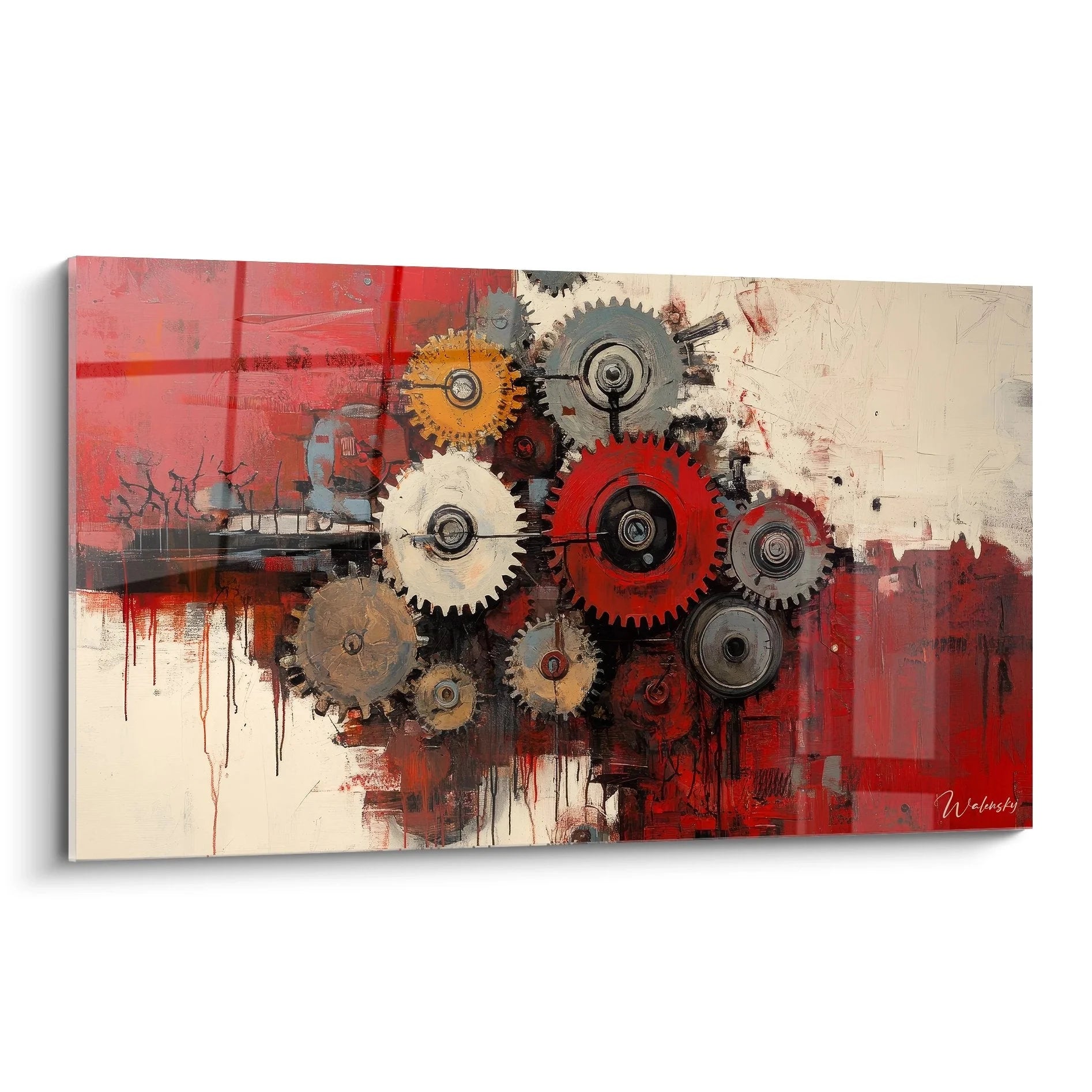Abstraktes Wandbild mit bunten Zahnrädern in Rot und Beige, industrielle Kunstdekoration