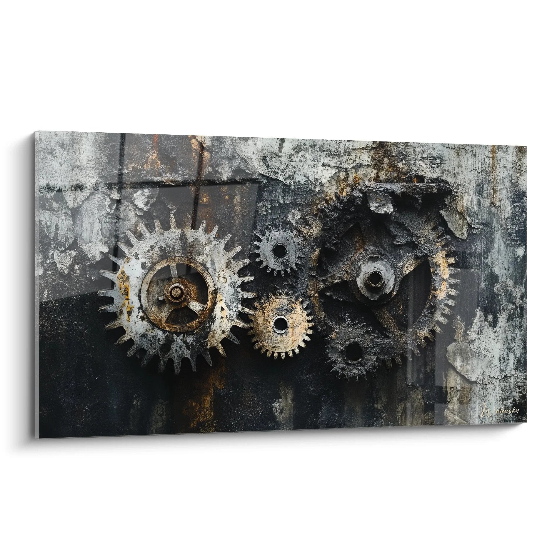 Wandbild Zahnräder Industrial Art mit rostigen mechanischen Elementen auf verwittertem Metallhintergrund