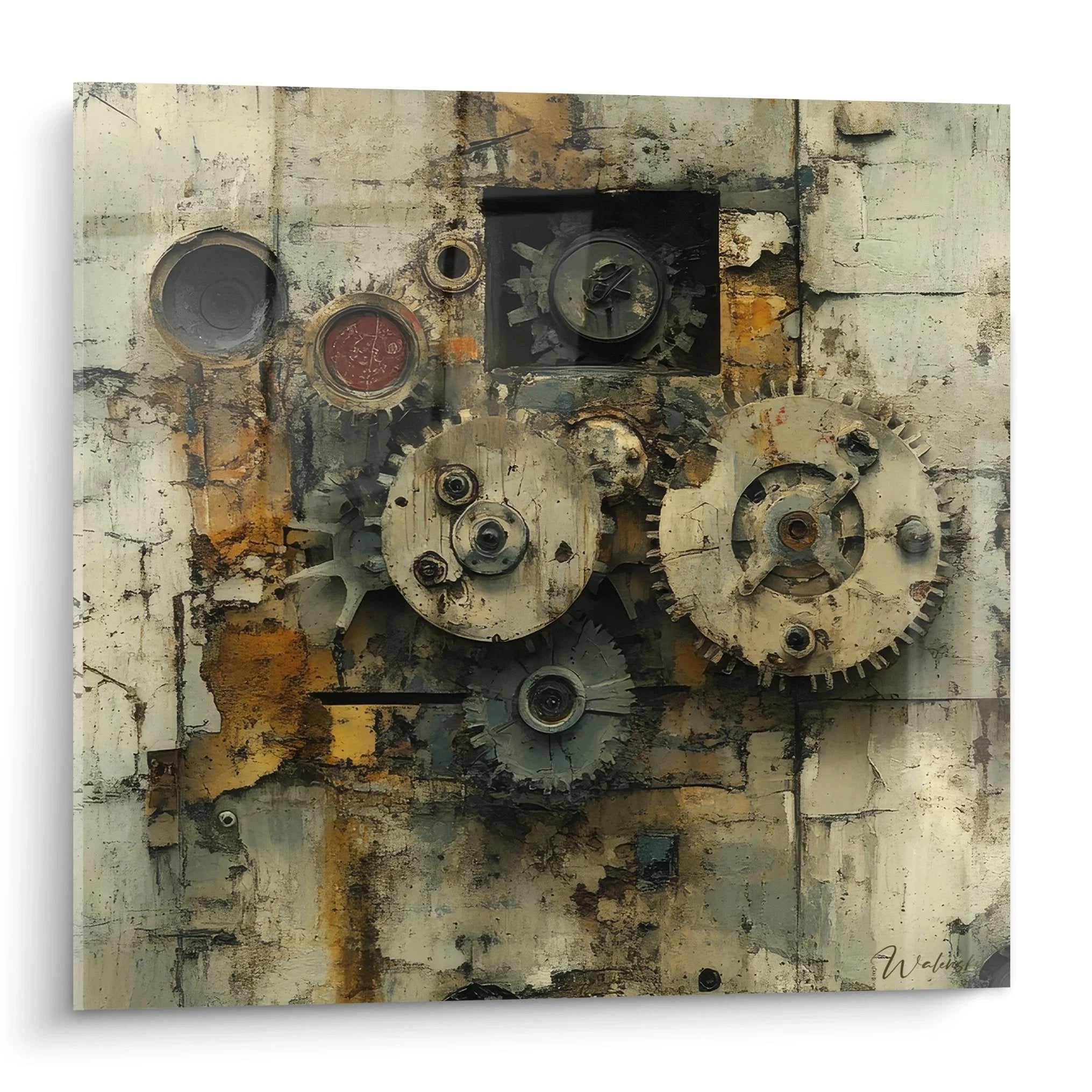 Wandbild Zahnräder Industrial Art mit rostigen Maschinenelementen und rotem Akzent auf verwitterter Oberfläche