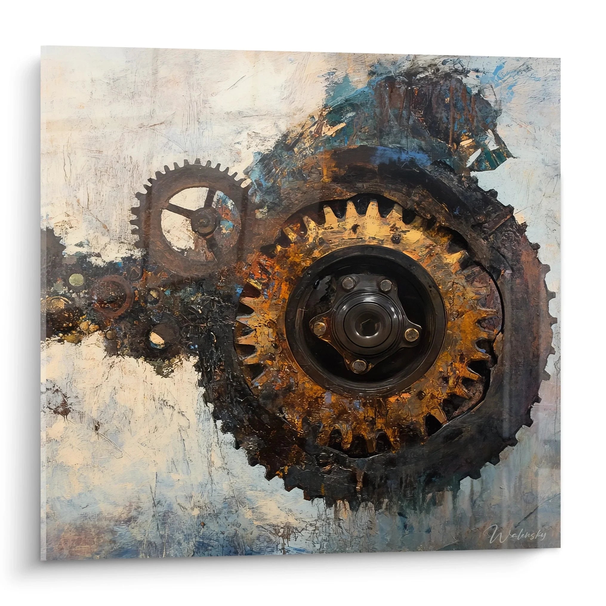 Wandbild Zahnräder mit rostigen Texturen und goldenen Akzenten - Industrial Art Dekoration