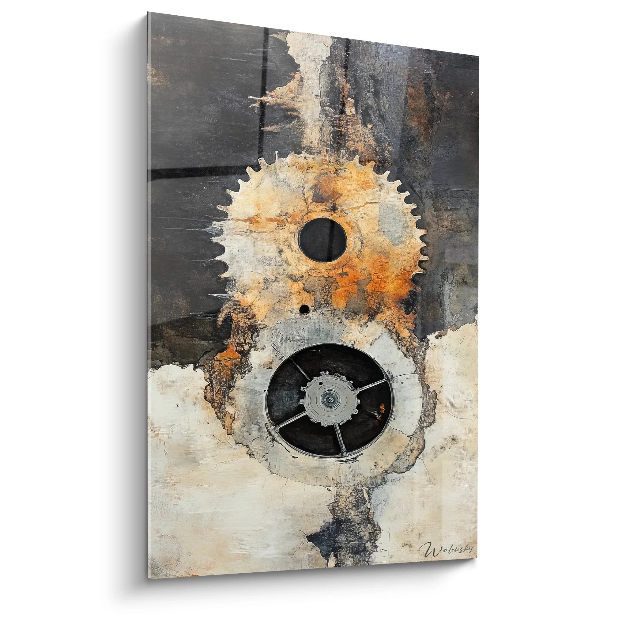 Wandbild Zahnräder Industrial Art mit rostigen Getriebeteilen auf verwitterter Oberfläche