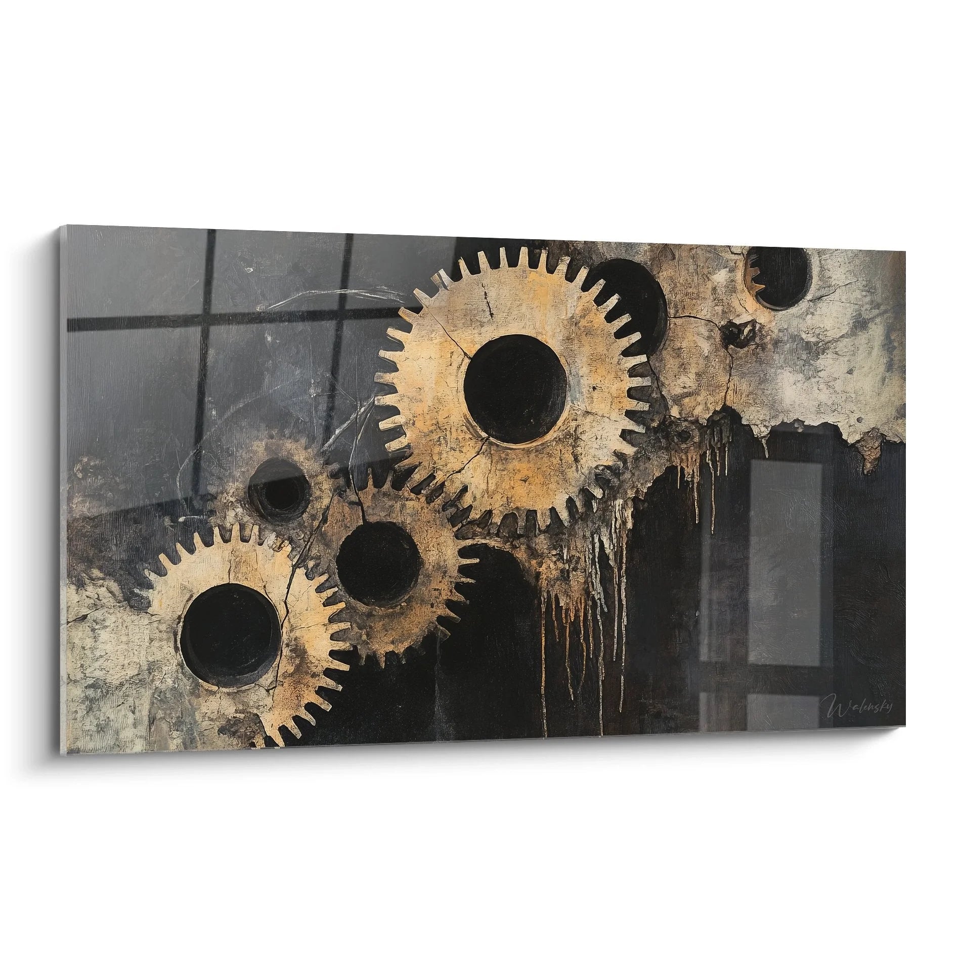 Industrial Wandbild mit rostigen Zahnrädern und mechanischen Elementen in Braun-Grau Tönen