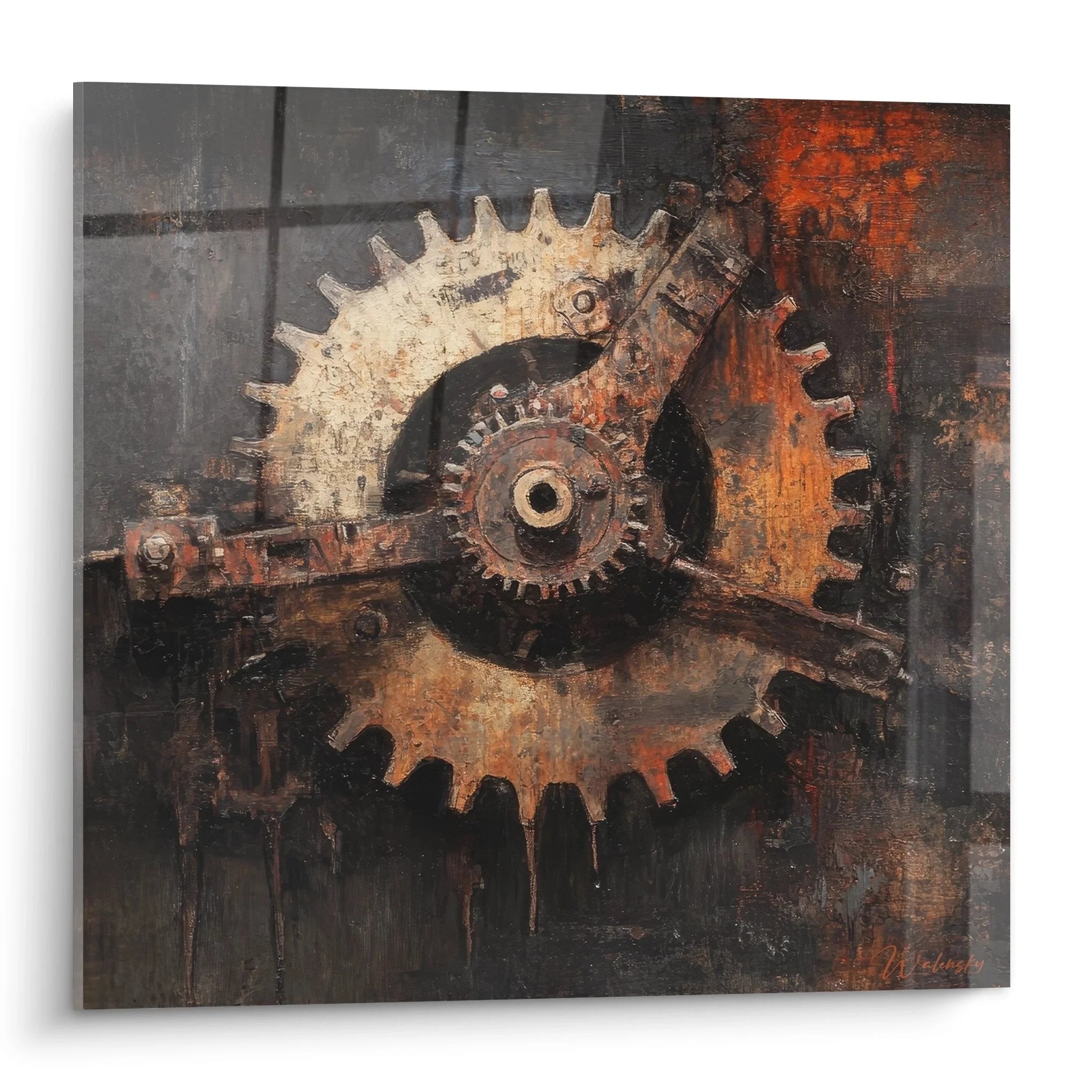 Wandbild Zahnräder Industrial mit rostigen Getriebeteilen in Orange und Grau - Mechanische Wandkunst