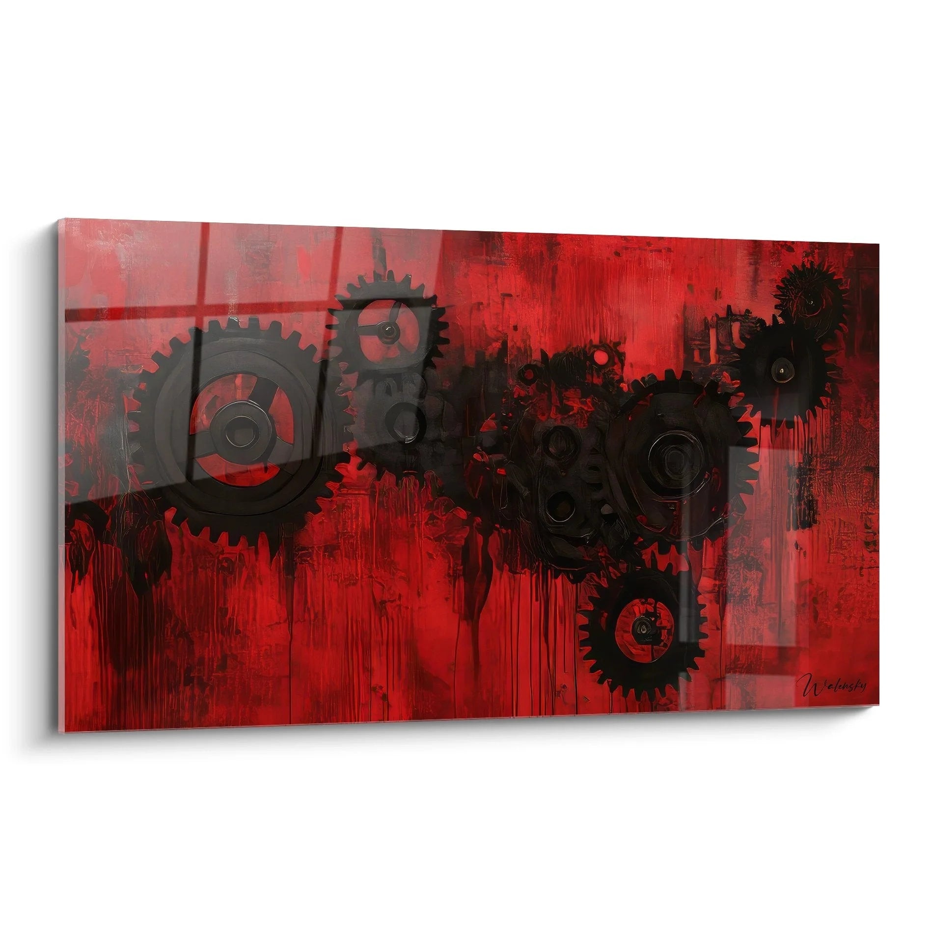 Wandbild mechanische Zahnräder rot schwarz industrielle Kunst XXL Maschinen Dekoration modern