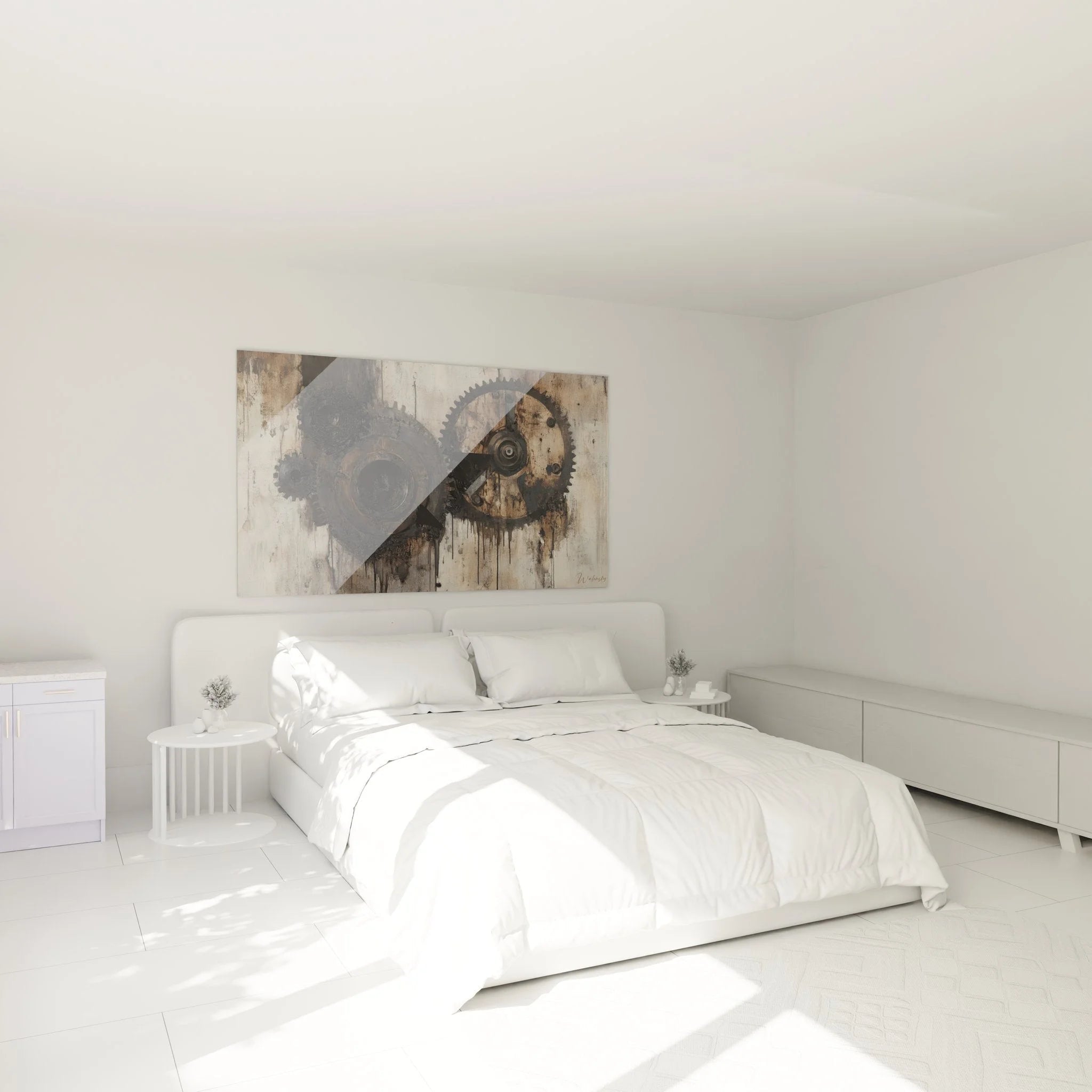 Wandbild Industrielle Zahnräder im modernen Schlafzimmer - mechanische Wandkunst Dekoration