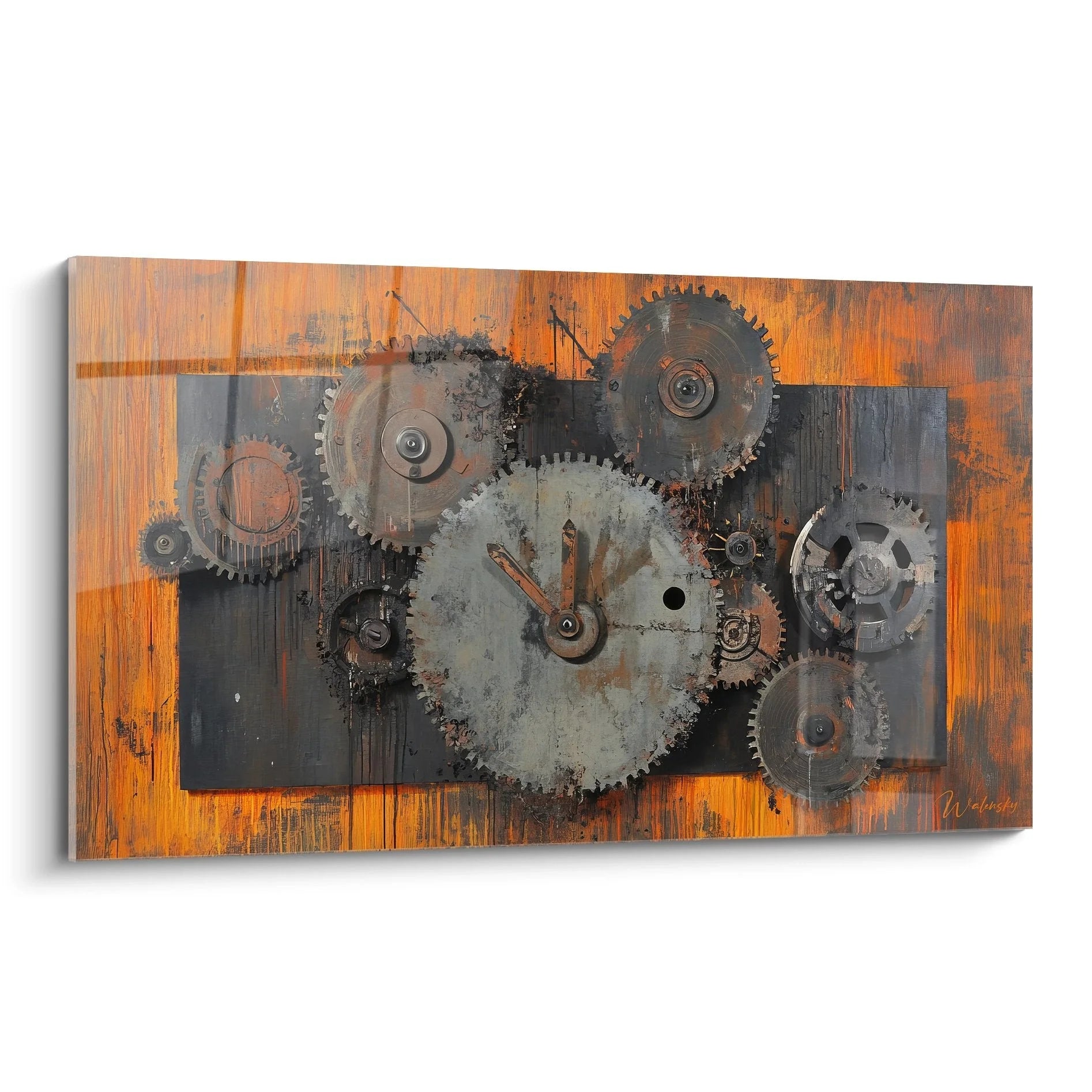Wandbild Zahnräder Uhr Industrial Design mit Metalloptik auf Holzhintergrund Orange