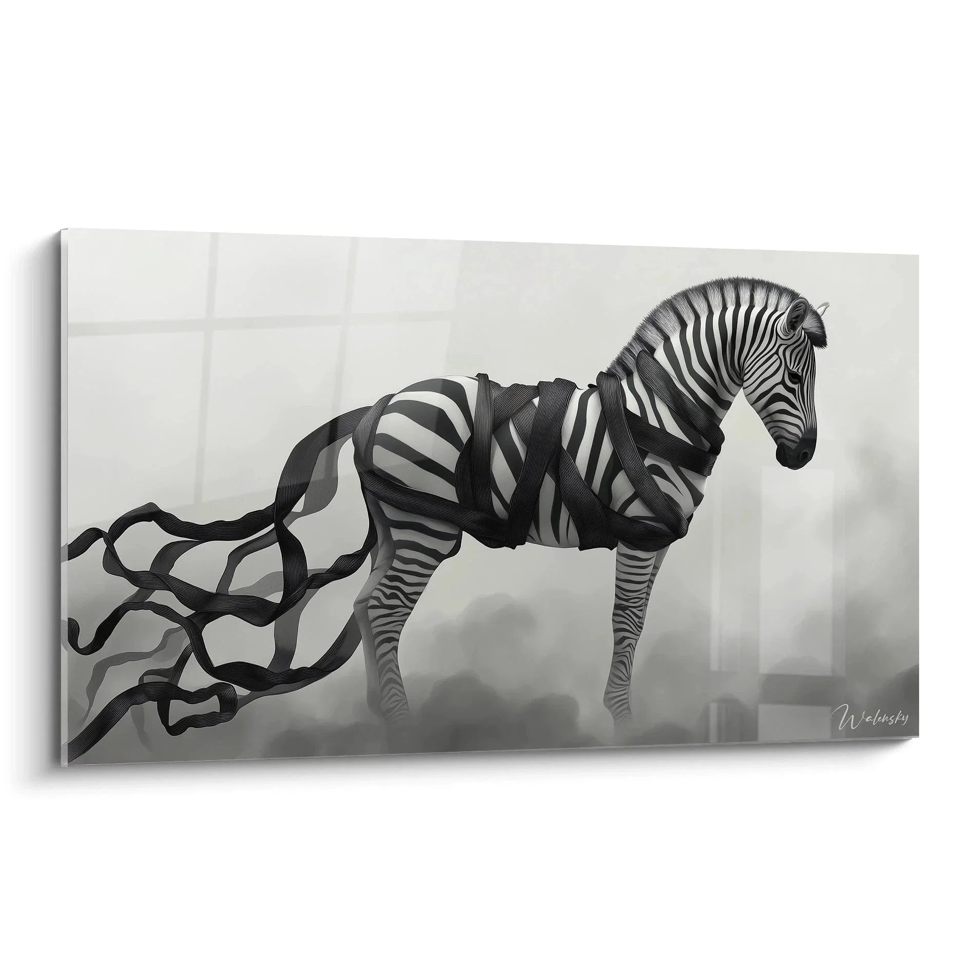 Surreales Wandbild Zebra mit schwebenden Streifen in schwarz-weiß - Edition Surrealismus Kunstdruck