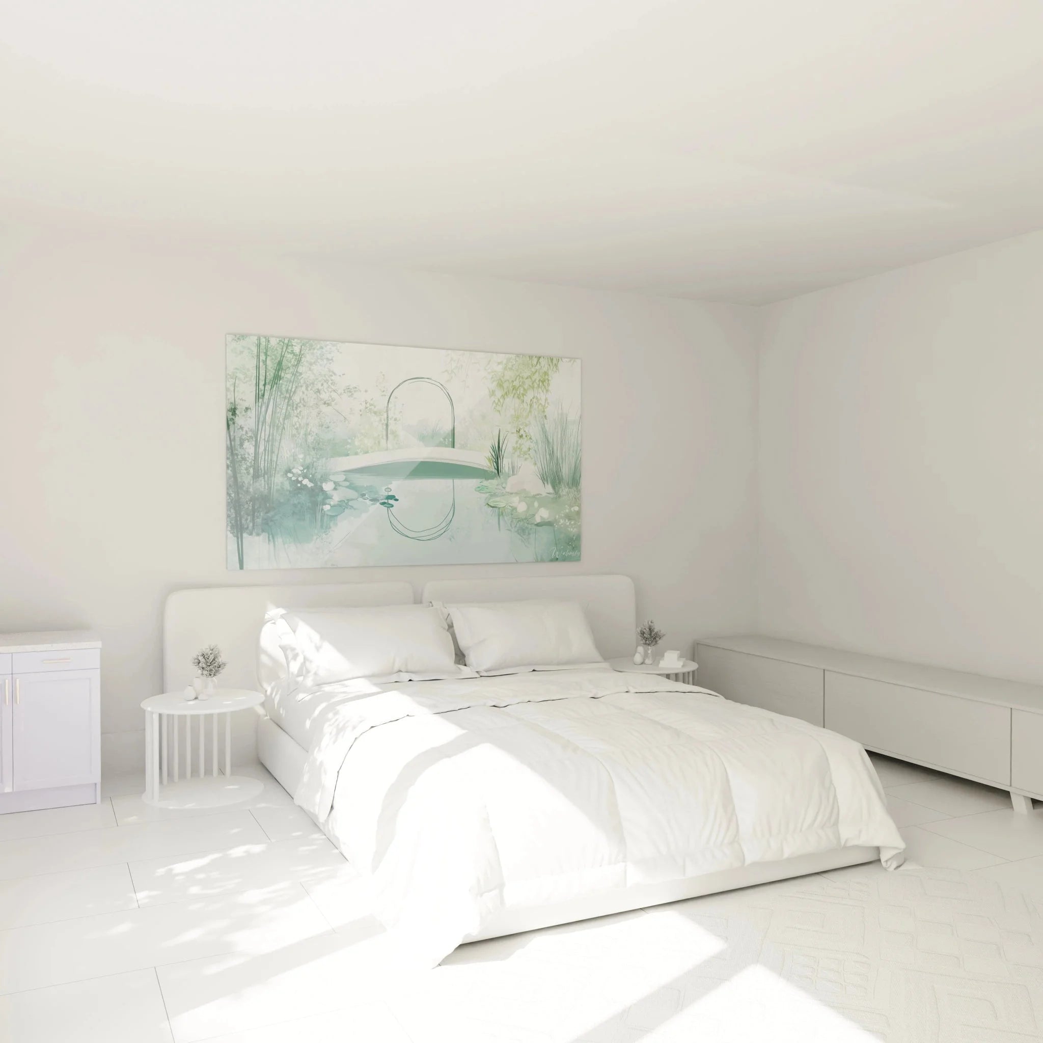 Wandbild japanischer Zen-Garten mit Wasserspiegelung als Schlafzimmer Wanddekoration