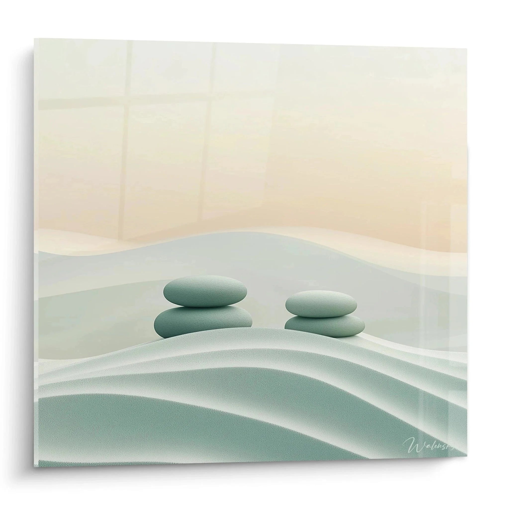 Wandbild Zen Steine gestapelt auf pastellfarbenen Hügeln in Salbeigrün und Beige