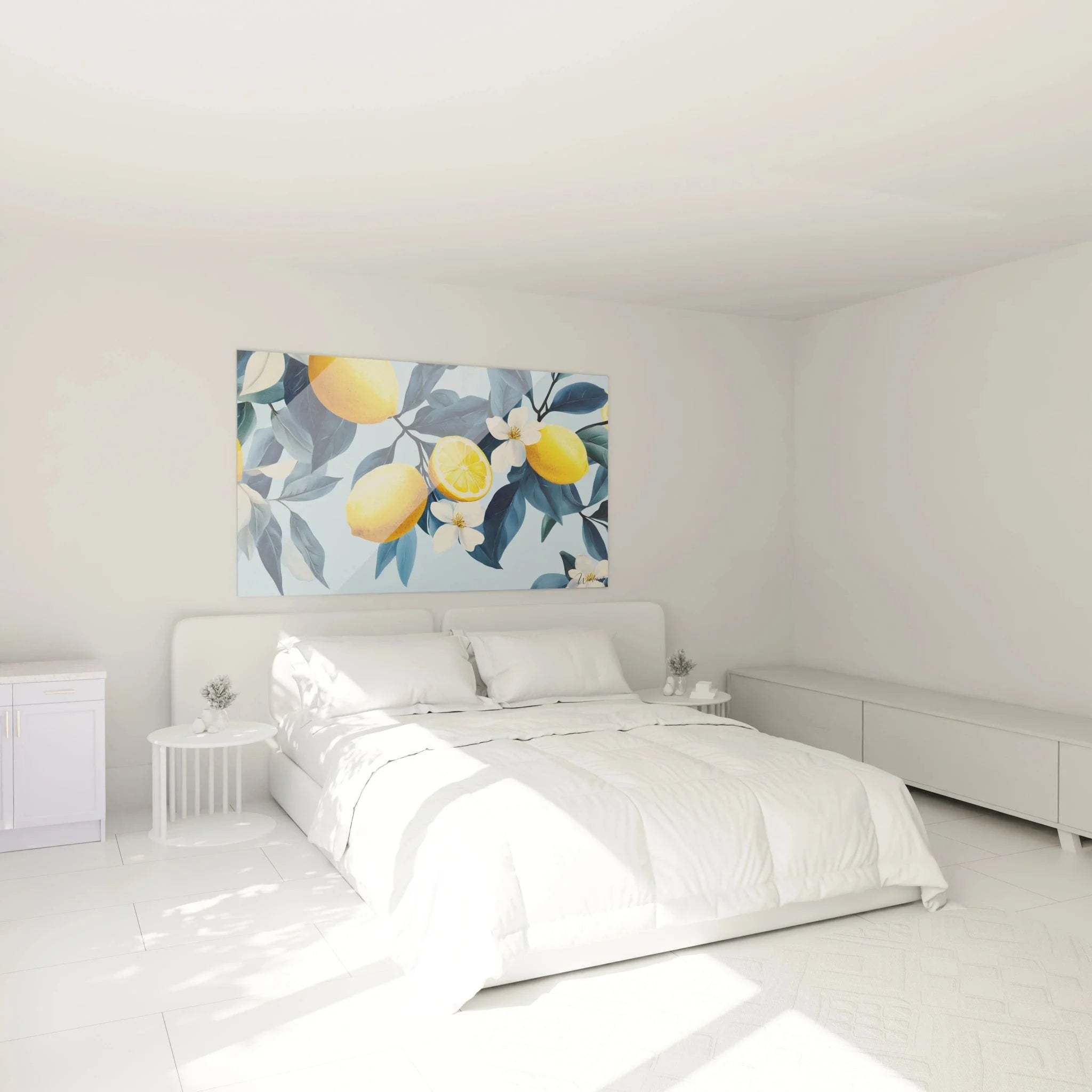 Wandbild Zitronen in Schlafzimmer Ambiente - mediterrane Wanddekoration über dem Bett