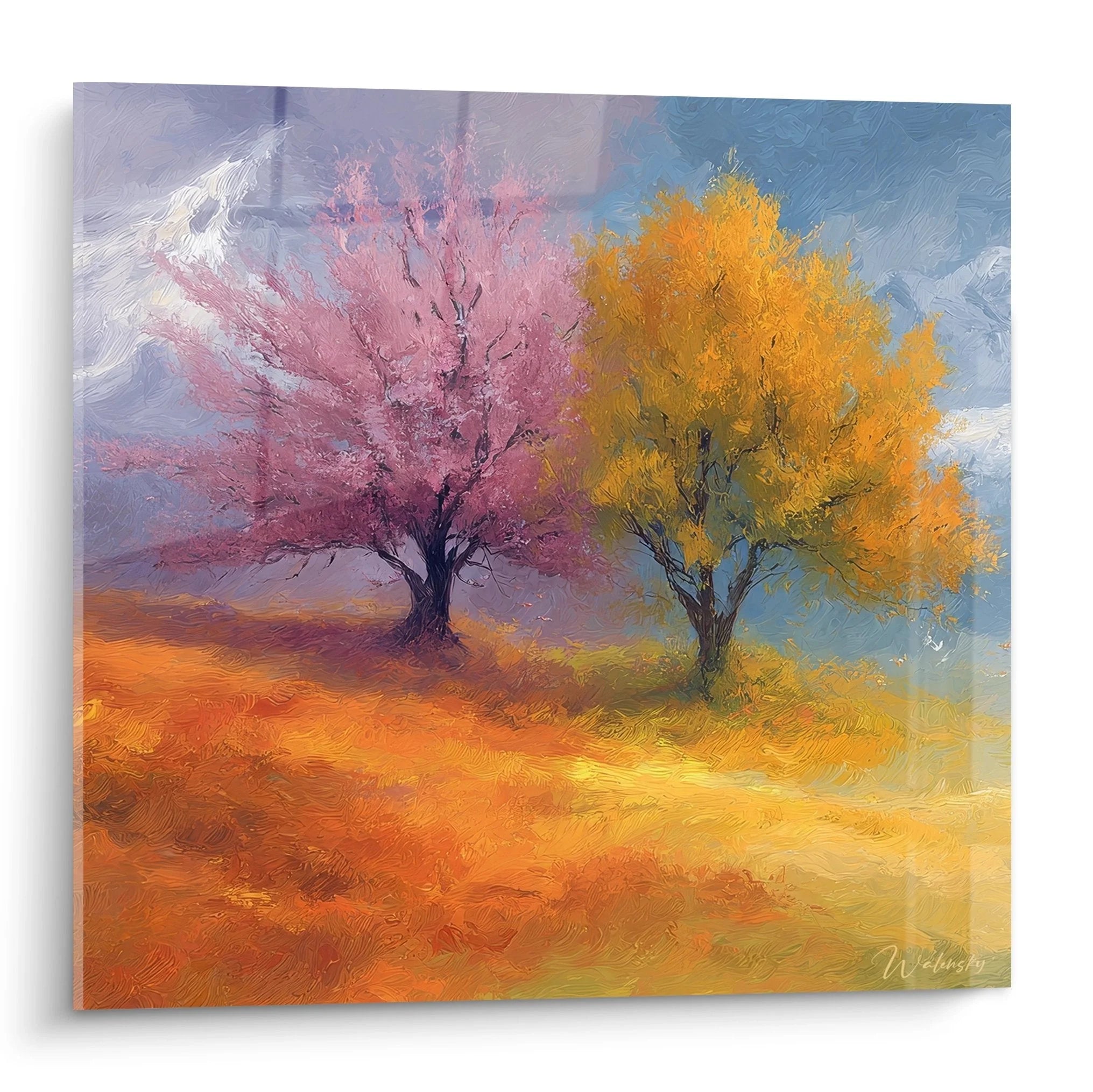 Wandbild zwei Bäume in Rosa und Orange, Herbstlandschaft mit leuchtenden Farben und impressionistischer Maltechnik