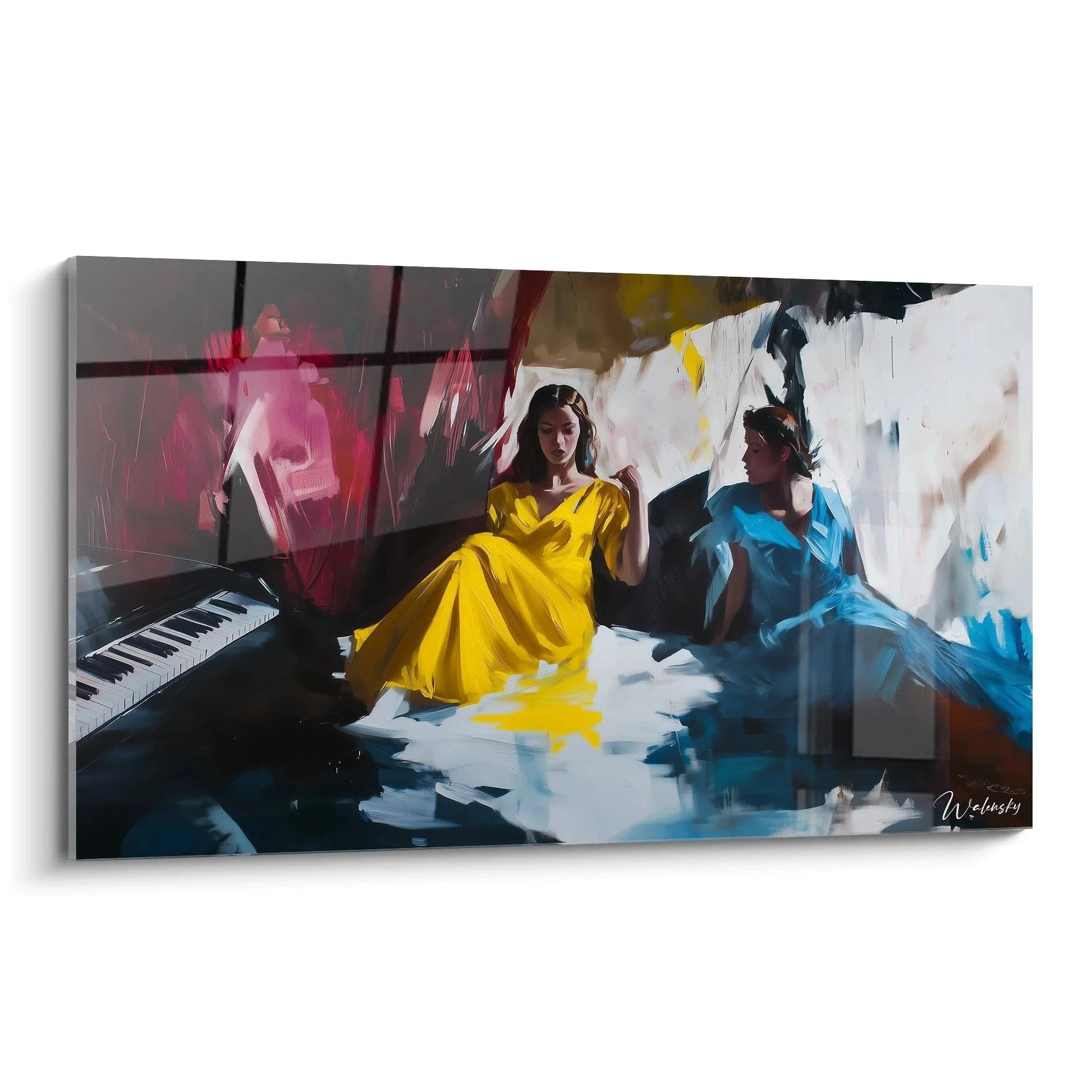 Wandbild zwei Frauen am Klavier in gelben und blauen Kleidern, Johannes Vermeer Stil, moderne Kunstmalerei
