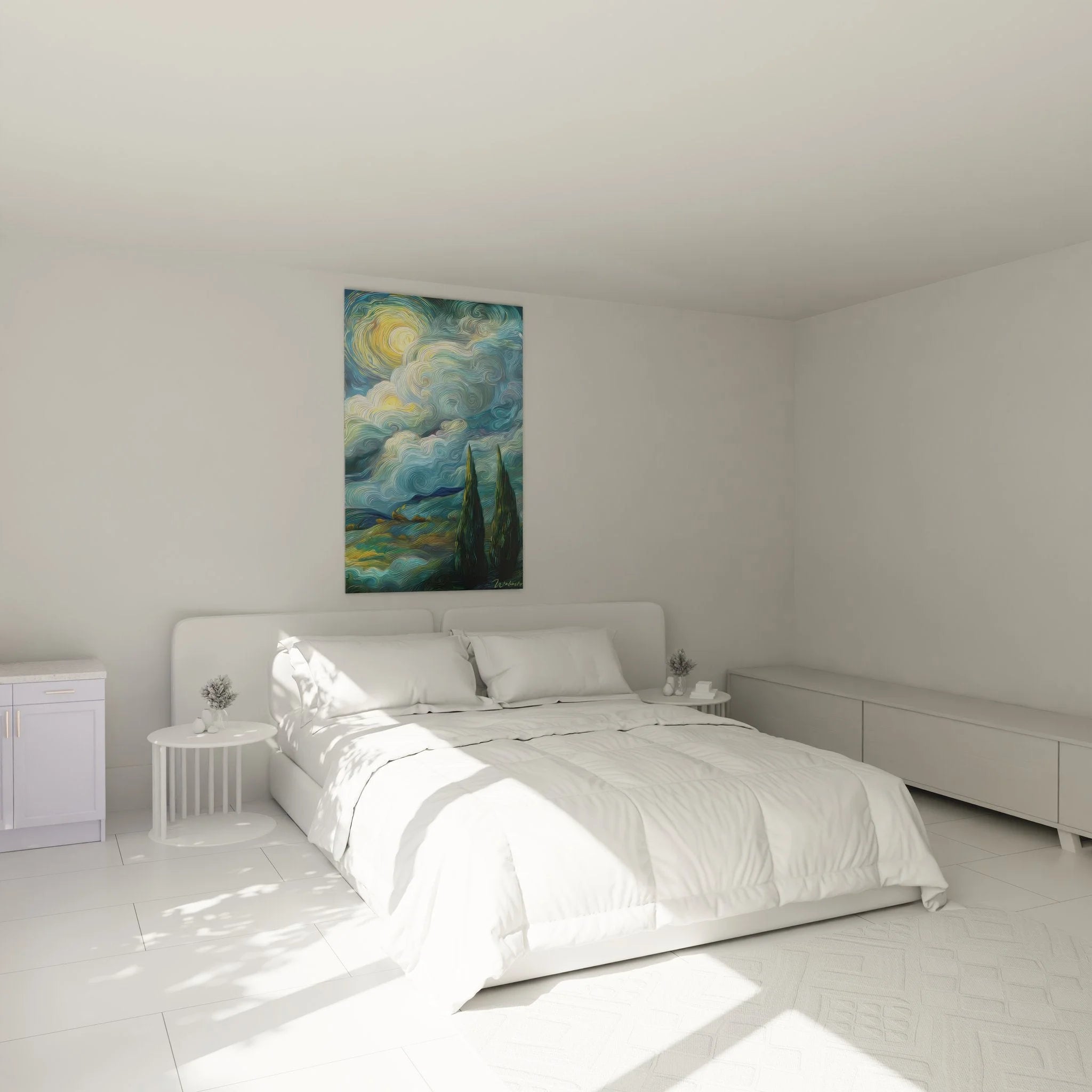 Wandbild Zypressen Sternenhimmel in Schlafzimmer Ambiente impressionistische Wanddekoration Van Gogh Stil