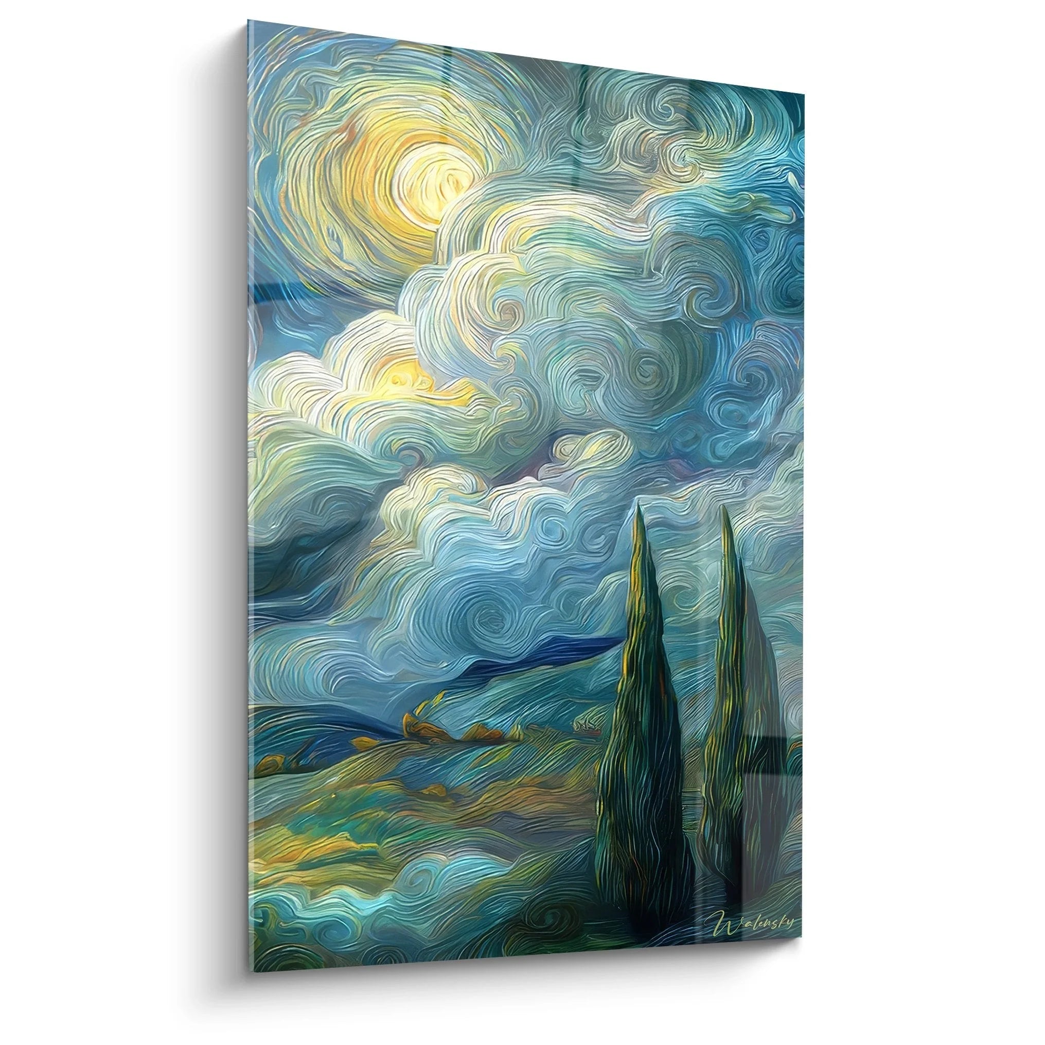 Wandbild Zypressen Sternenhimmel Van Gogh Stil impressionistische Landschaft mit wirbelnden Wolken in Blau Gold
