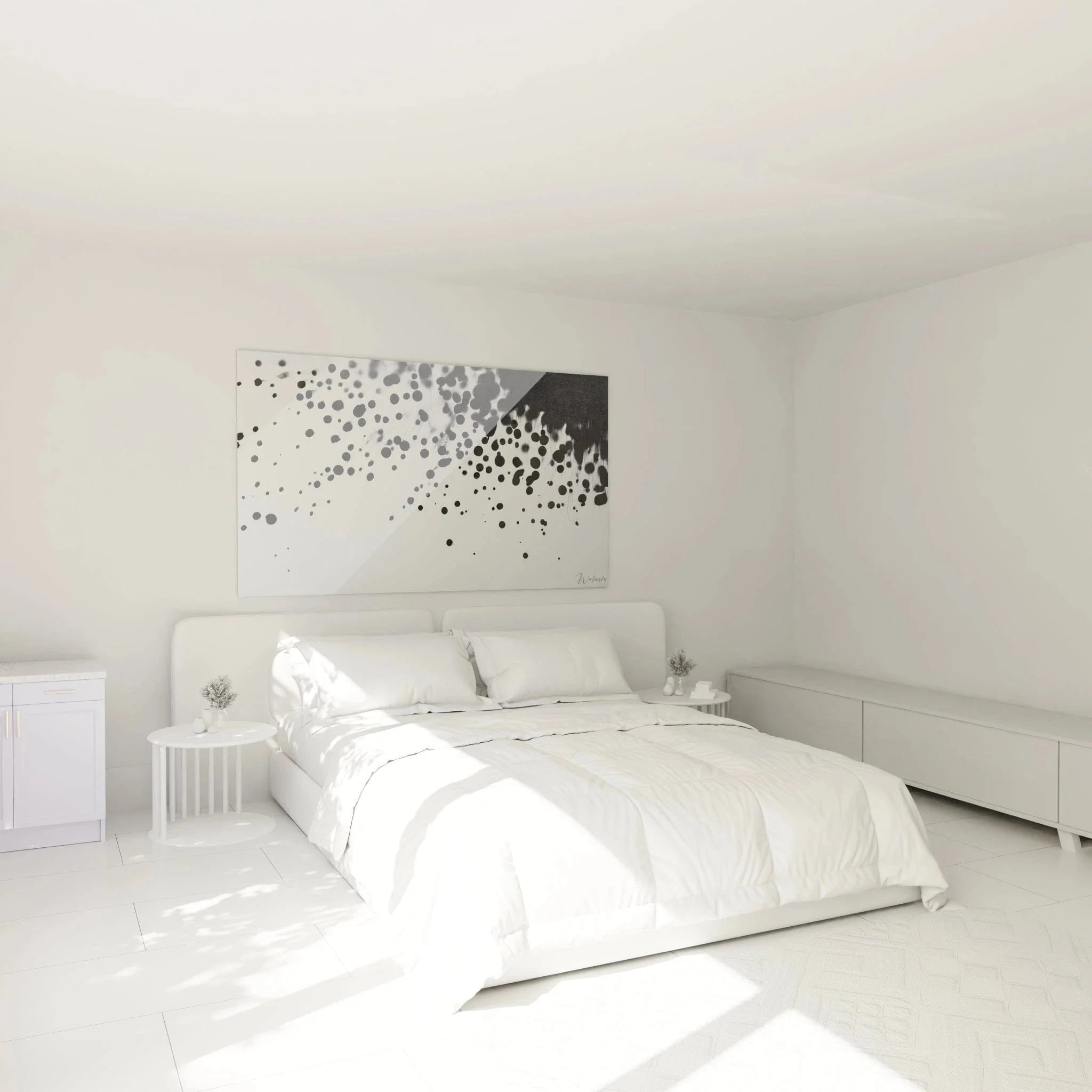 Abstrakte Tropfen Wanddeko in Schwarz-Weiß als stilvolle Schlafzimmer Wandkunst im Dalmatiner Look