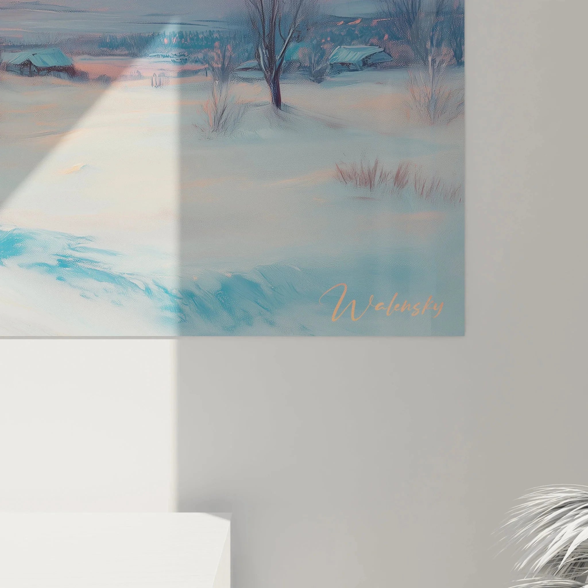 Gesamtansicht Wandbild Winterszene, majestätische Berglandschaft mit Sonnenuntergang als Raumdekoration