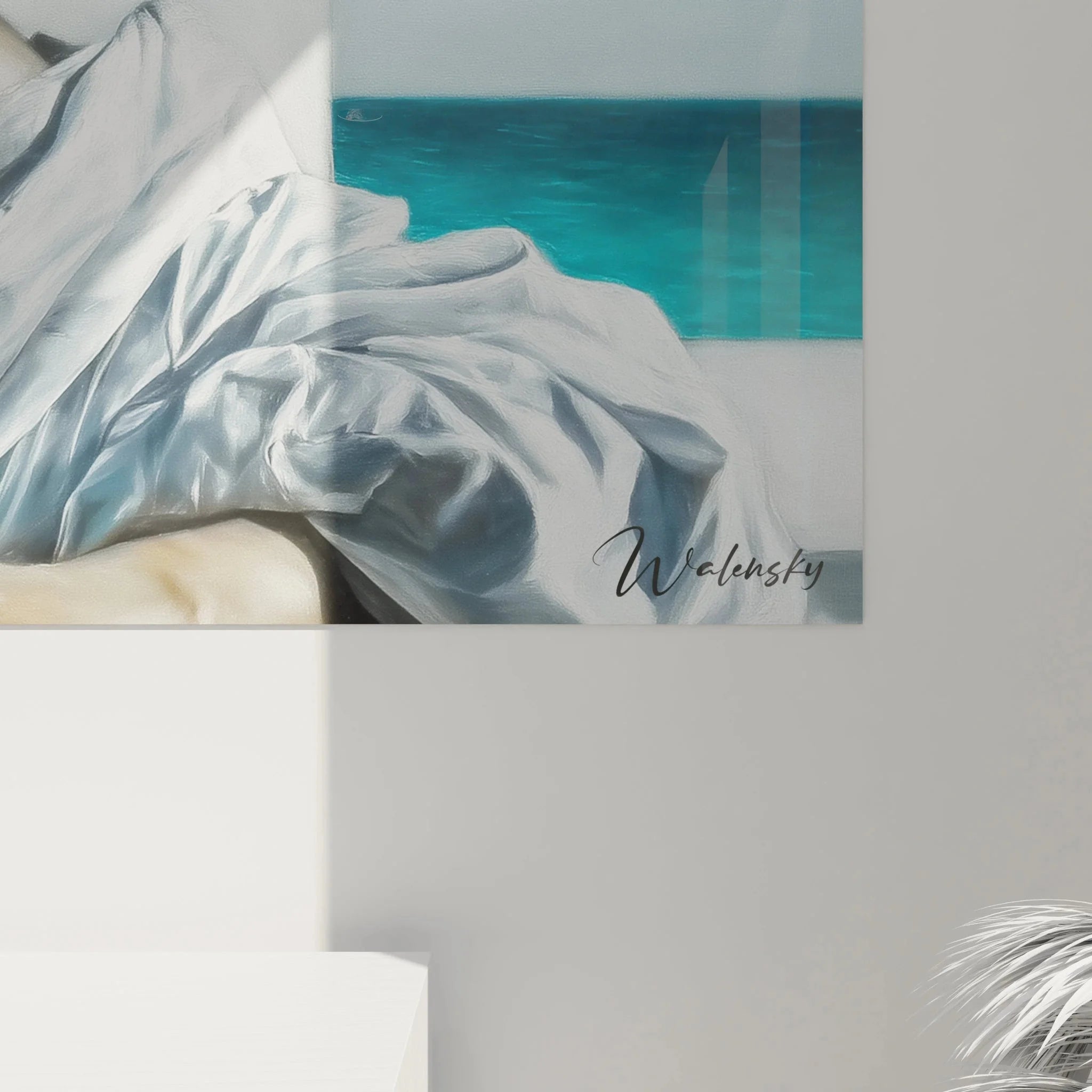 Gesamtansicht Wandbild Hyperrealismus Frau Kaffee in weißer Bluse als moderne Wandkunst