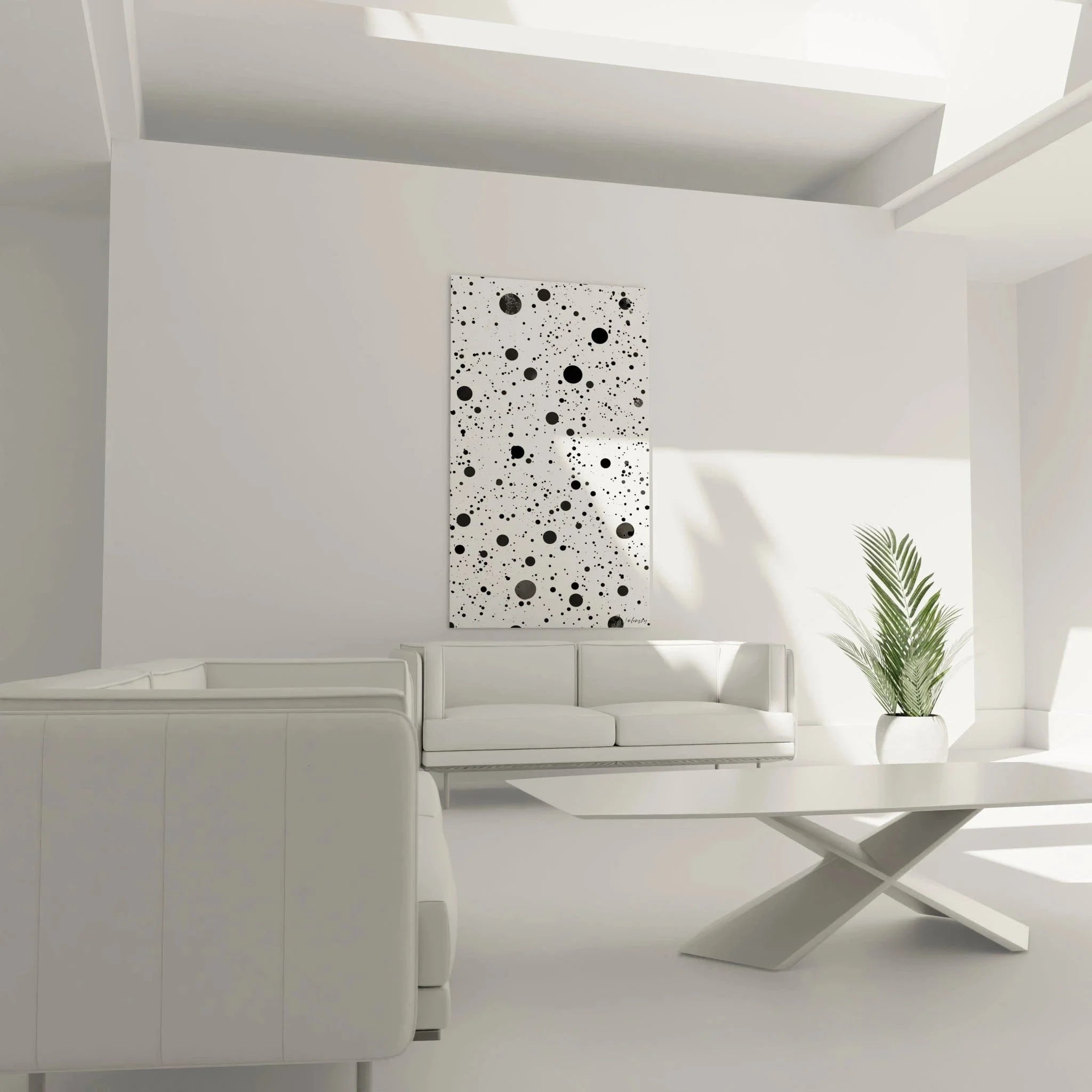 Detailansicht Wandbild Punktemuster schwarz-weiß, abstrakte Kreise und Punkte in Dalmatiner-Optik