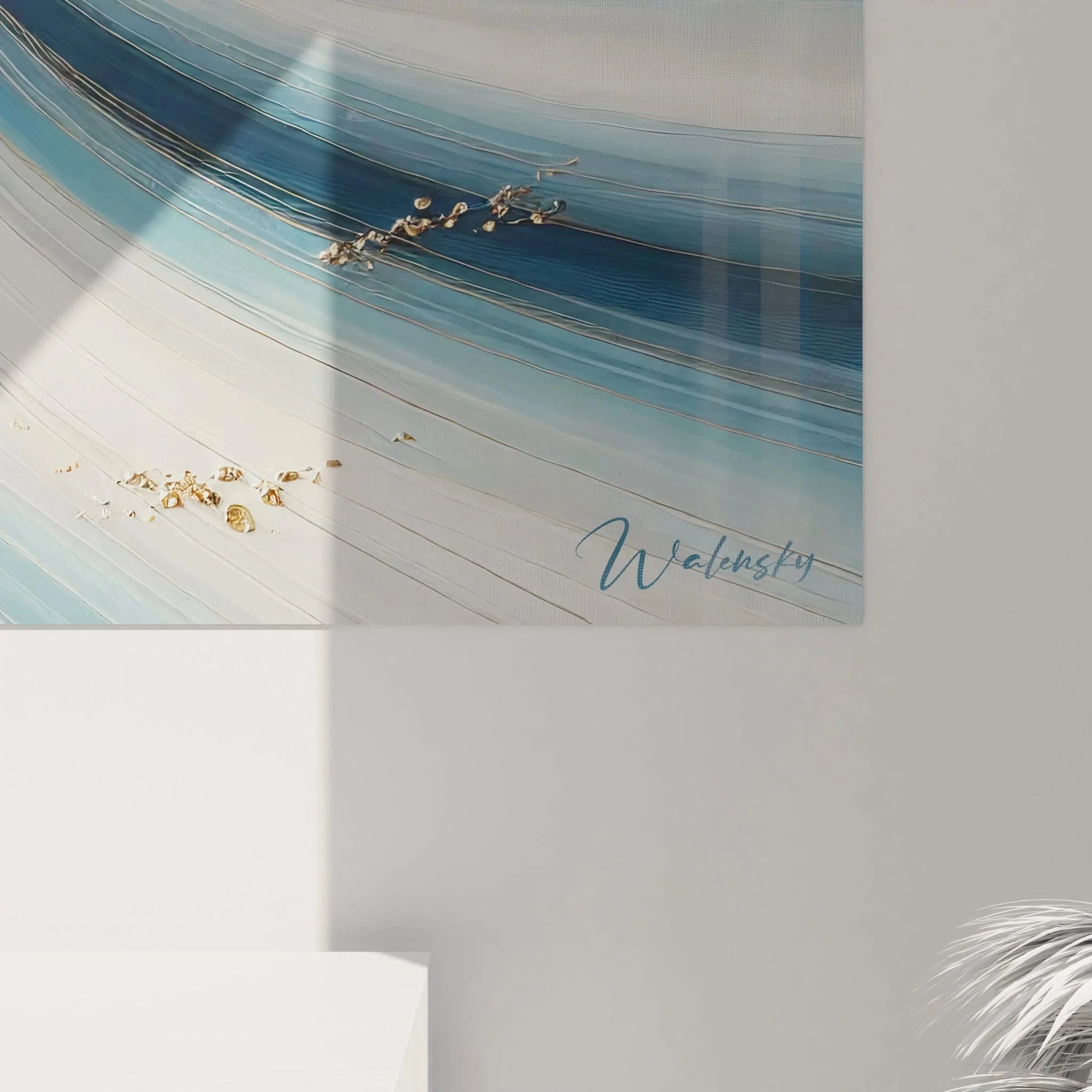 Gesamtansicht Wandbild Segelschiff abstrakt mit dynamischen Wasserbewegungen und modernem Design