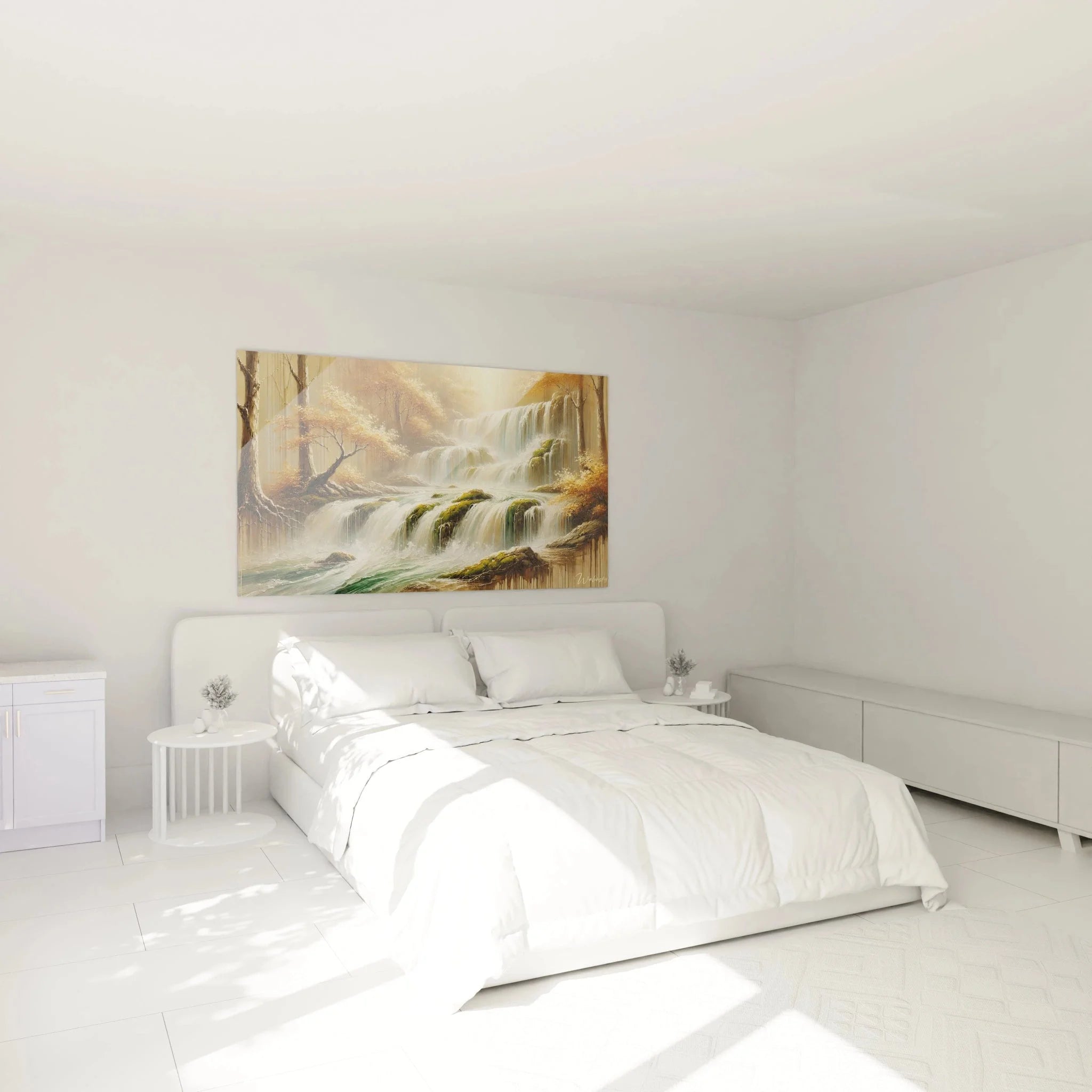 Wasserfall Wanddeko im Schlafzimmer, goldene Herbstlandschaft mit beruhigender Wasserkaskade
