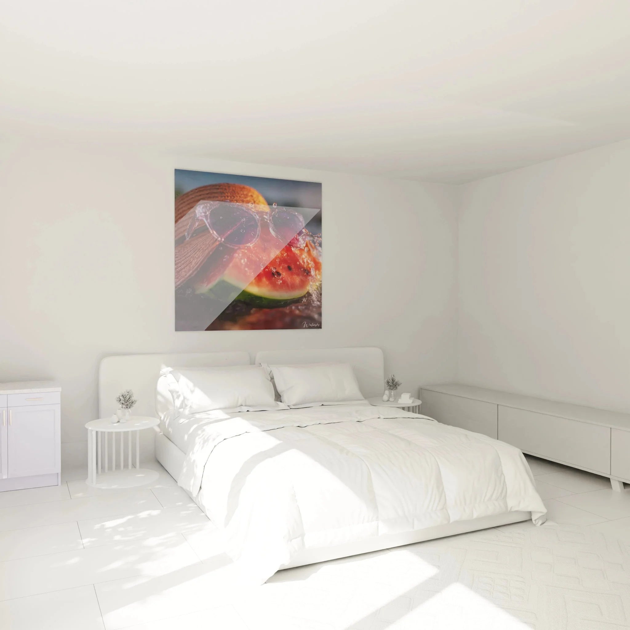Modernes Wassermelone Wandbild mit Sonnenbrille in stilvollem Schlafzimmer, sommerliche Wanddekoration