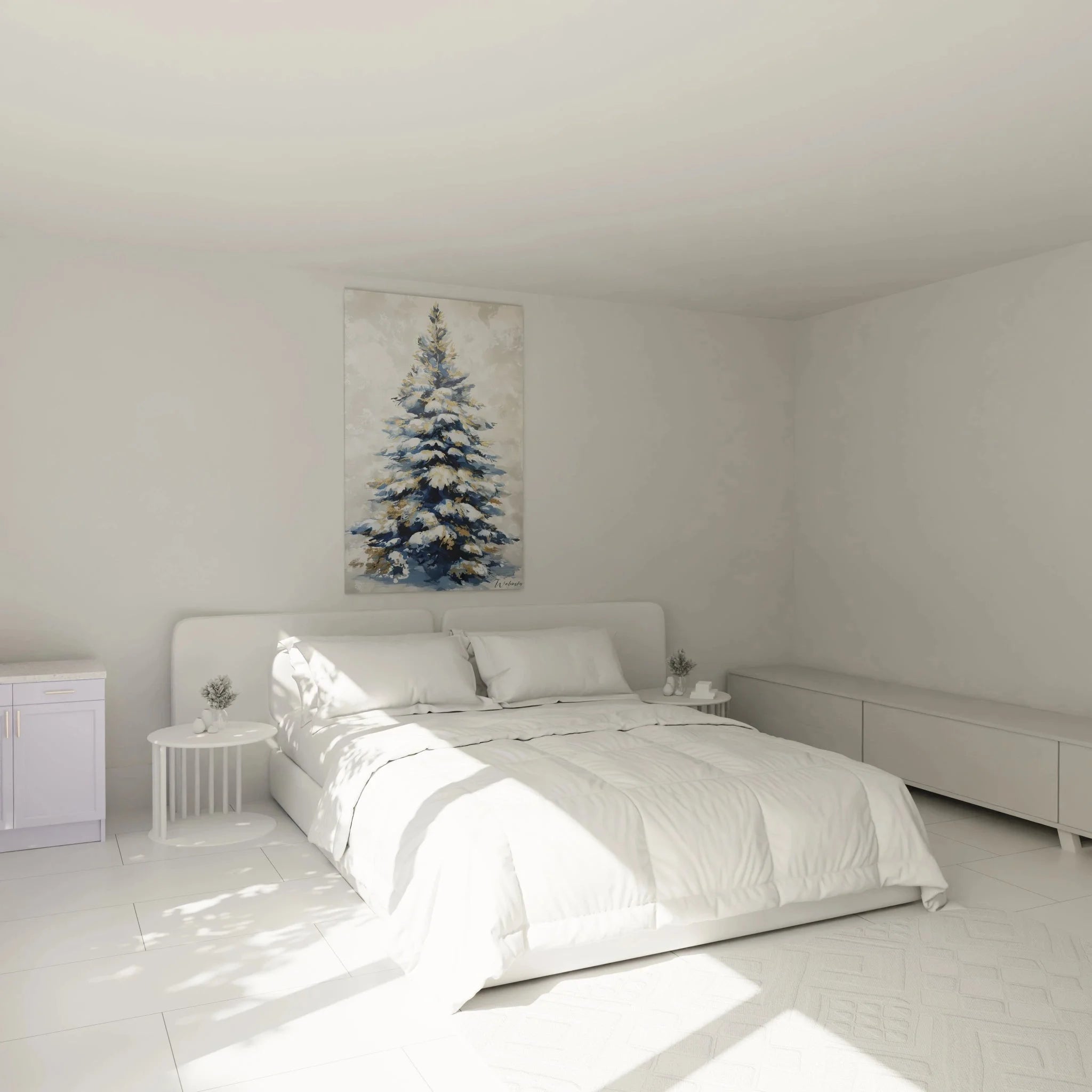 Weihnachtsbaum Wandbild im Schlafzimmer - Festliche Wanddeko in blau-goldenen Tönen