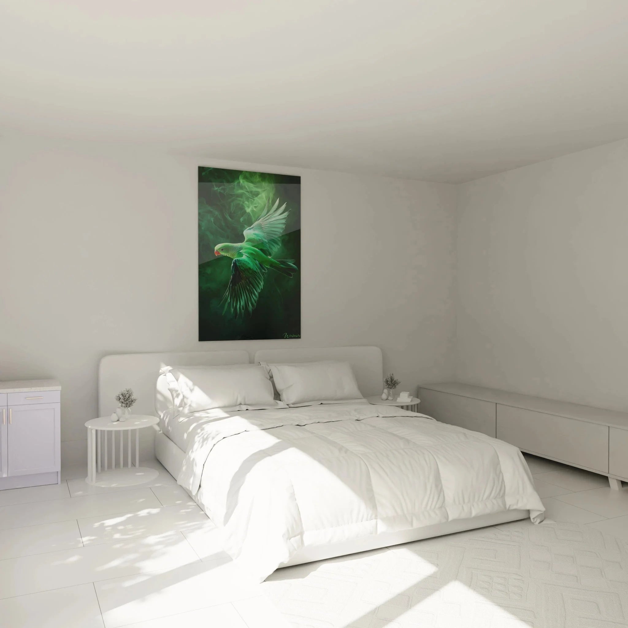 Wellensittich Wandbild in smaragdgrün als moderne Schlafzimmer Wandgestaltung mit Vogelmotiv