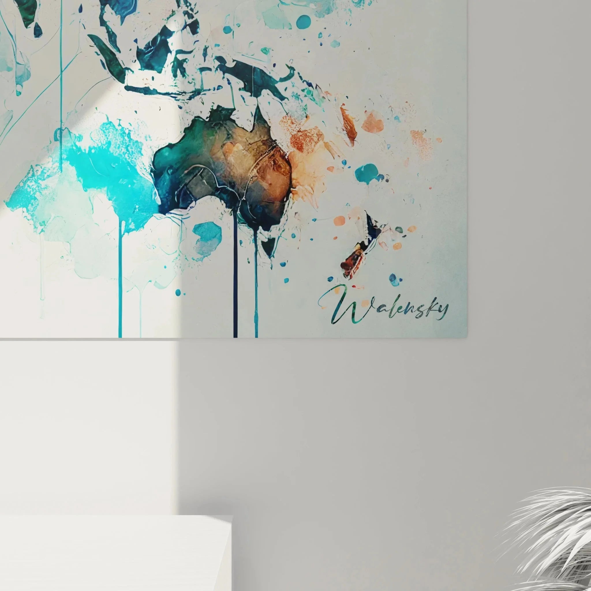 Gesamtansicht bunte Weltkarte Wandbild mit allen Kontinenten in Aquarell-Optik