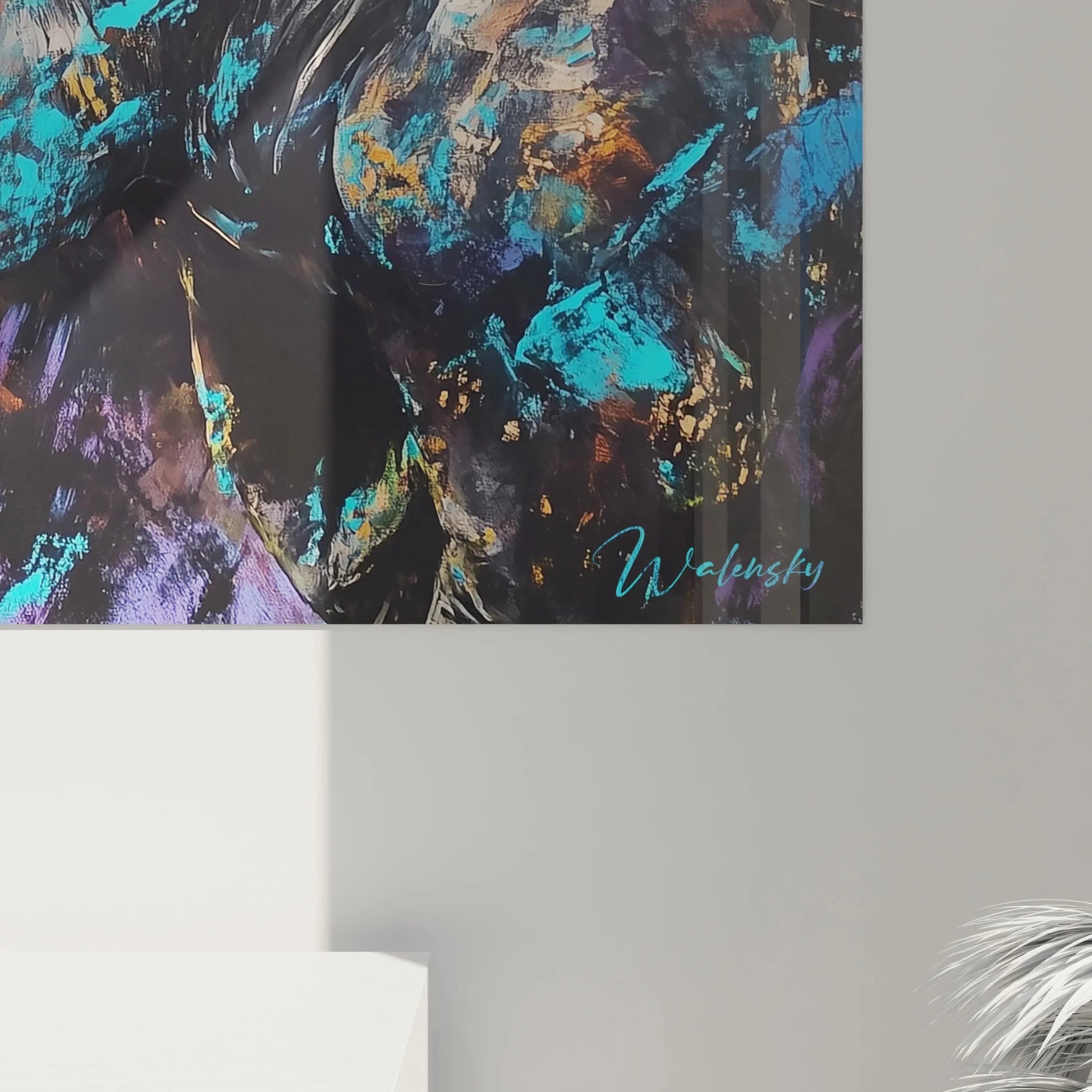 Gesamtansicht Wildlife Wandbild Nashörner in abstrakter Farbexplosion