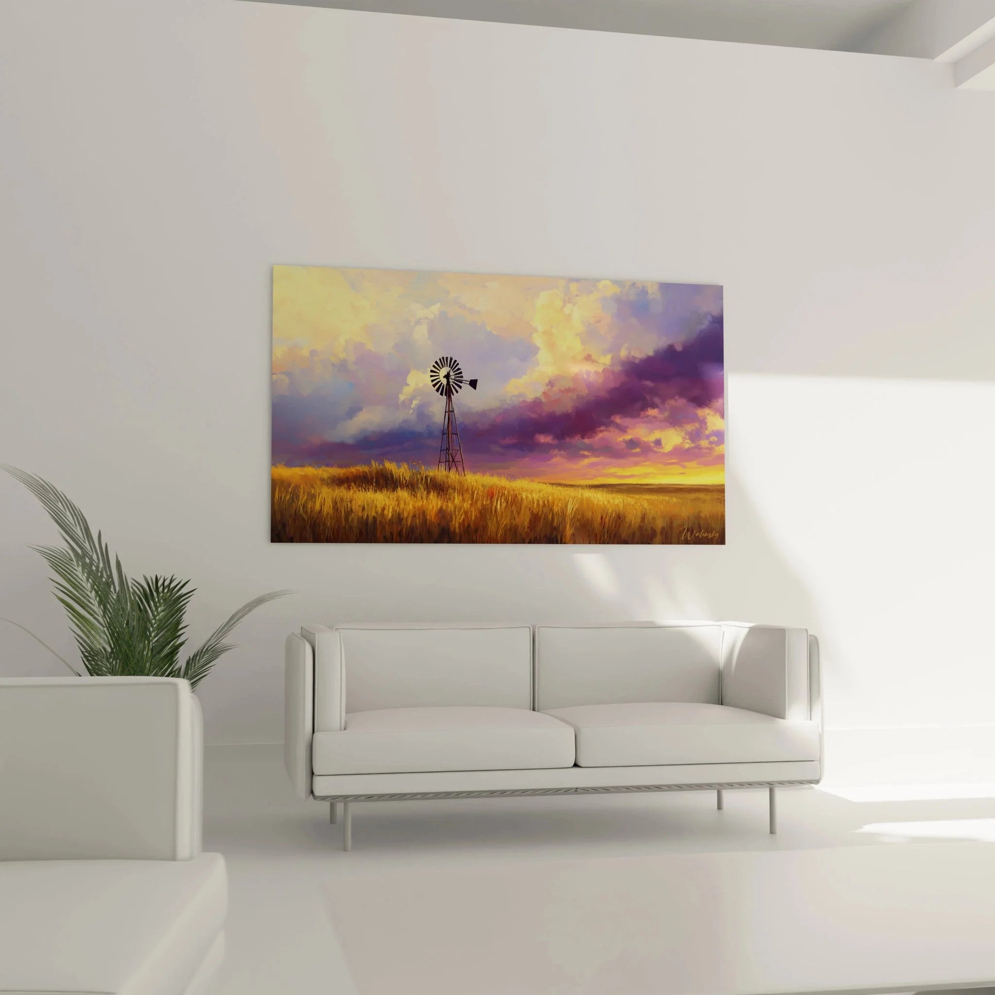 Detailansicht Windmühle Wandbild - goldenes Weizenfeld mit dramatischen Wolken