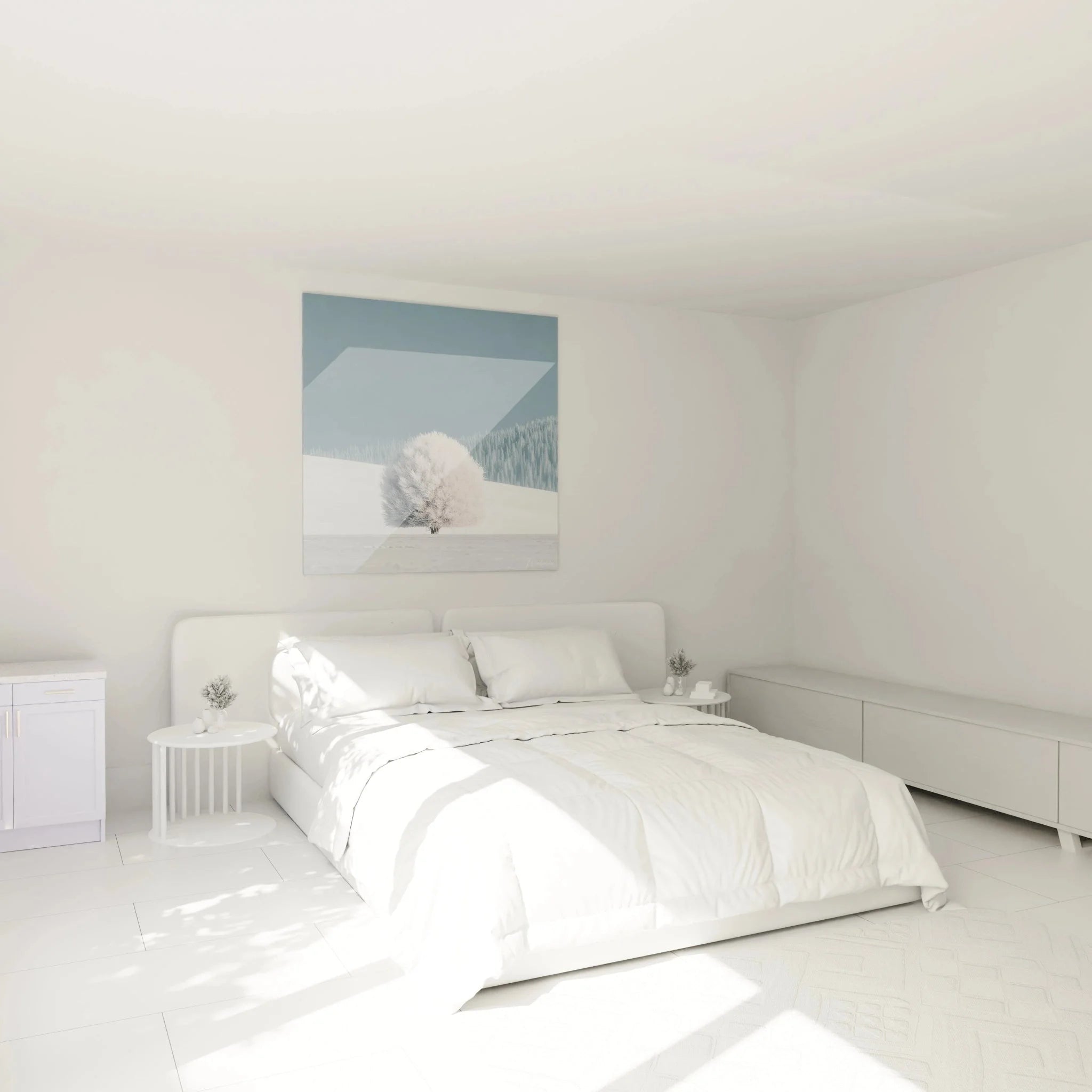 Winterbaum Wandbild über Bett in modernem Schlafzimmer mit skandinavischem Design