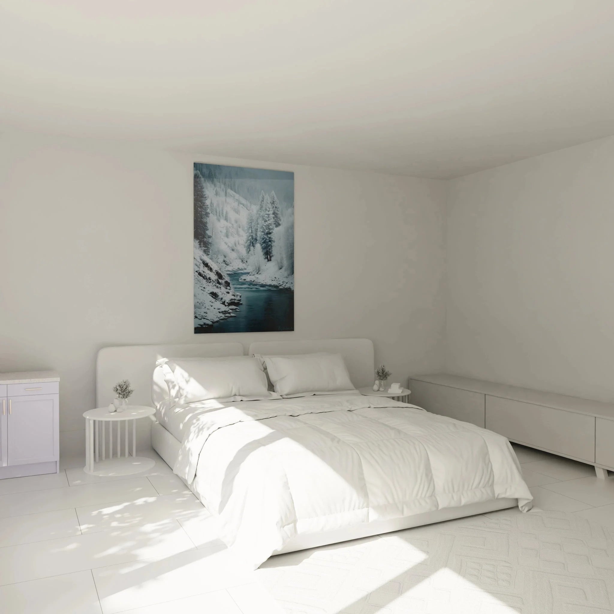 Winterlandschaft Wandbild XXL in modernem Schlafzimmer über dem Bett als stilvolle Wanddekoration