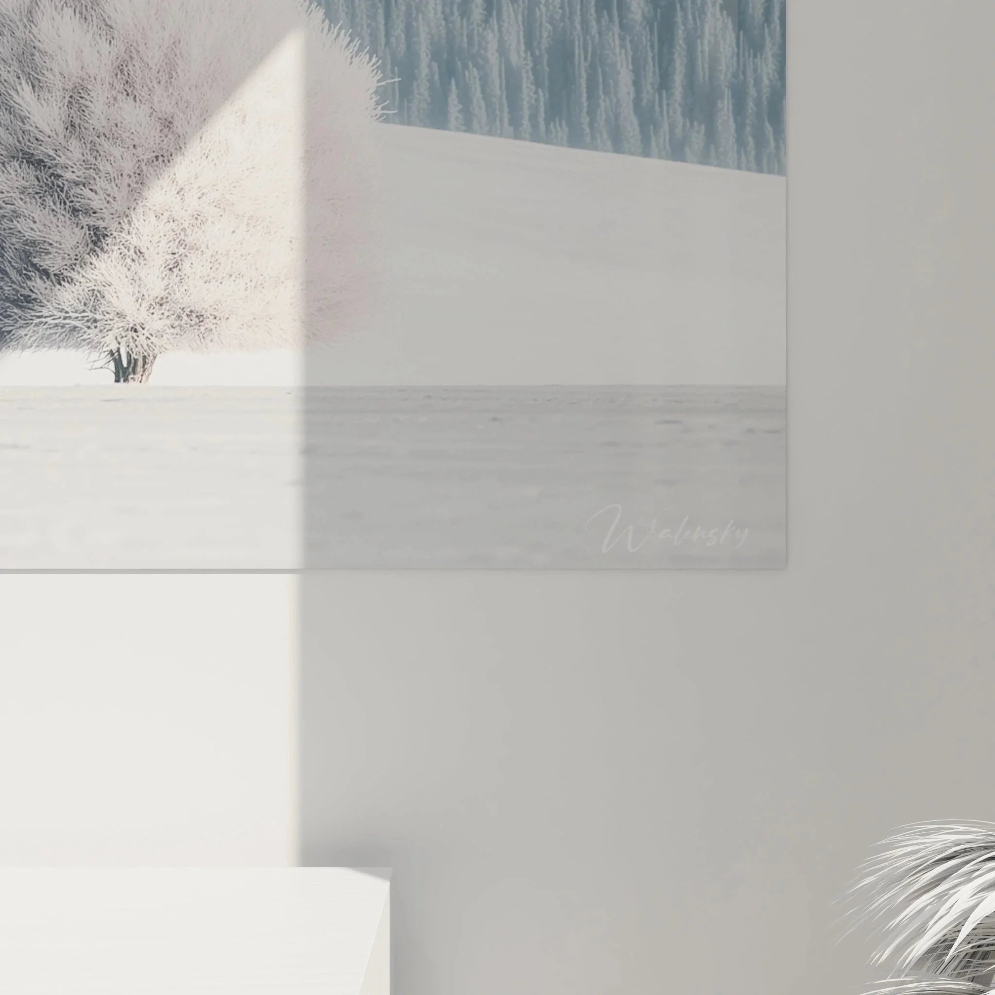 Gesamtansicht Wandbild Winterlandschaft mit einsamem Baum in elegantem Wohnambiente