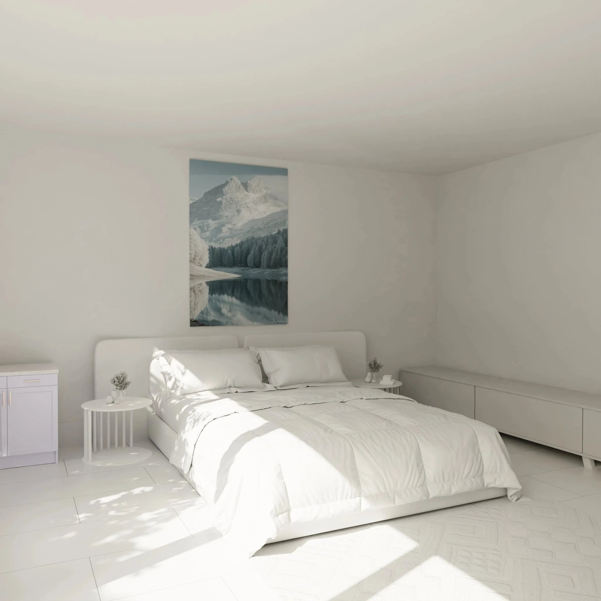 Winterlandschaft Wandbild im Schlafzimmer mit Bergsee und Tannenwald Dekoration