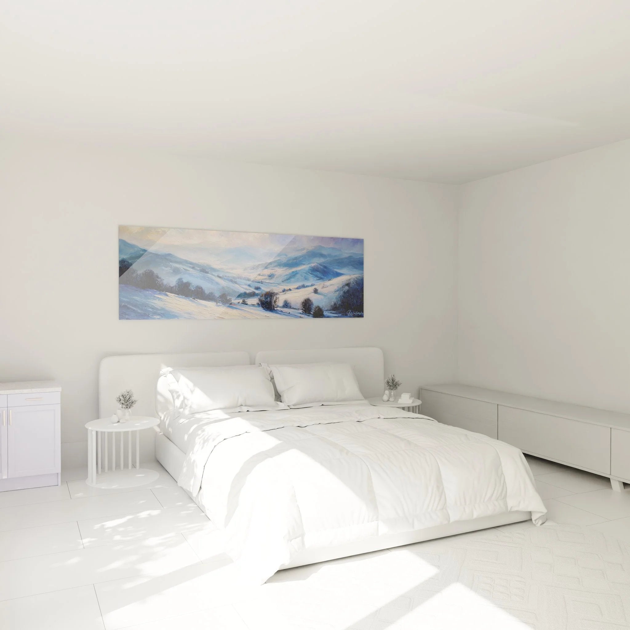 Winterlandschaft Wandbild im Schlafzimmer mit verschneiten Bergen als Wanddekoration