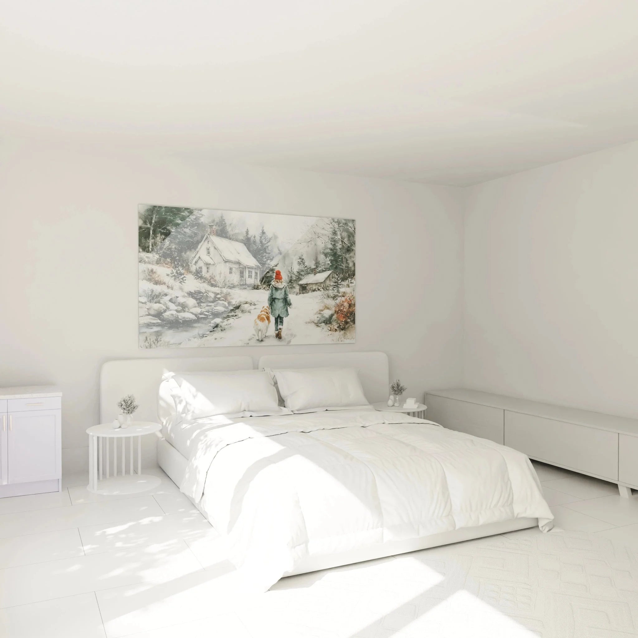 Winterlandschaft Wandbild im Schlafzimmer zeigt gemütliche Winterszene mit Schnee und Haus