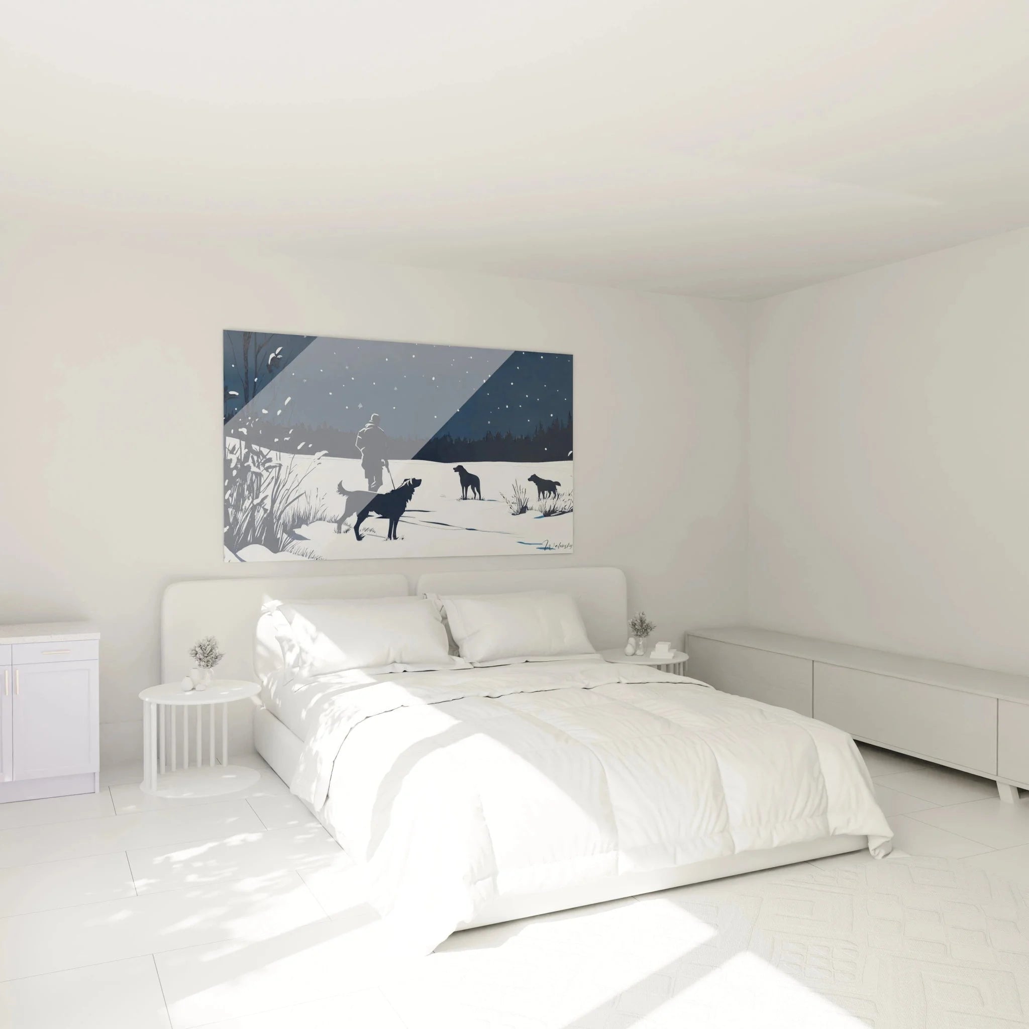 Winterlandschaft Wandbild im Schlafzimmer - Hirte mit Hunden Schneeszene als Wanddekoration