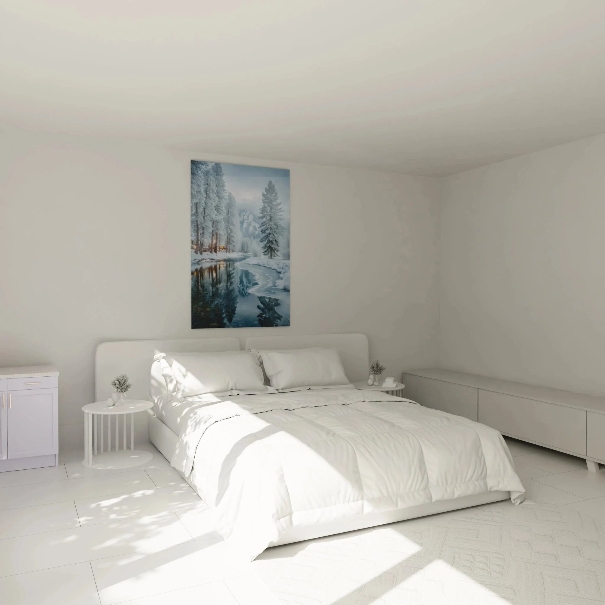 Winterlandschaft Wandbild XXL im Schlafzimmer, eisige Bäume und reflektierender Bergbach
